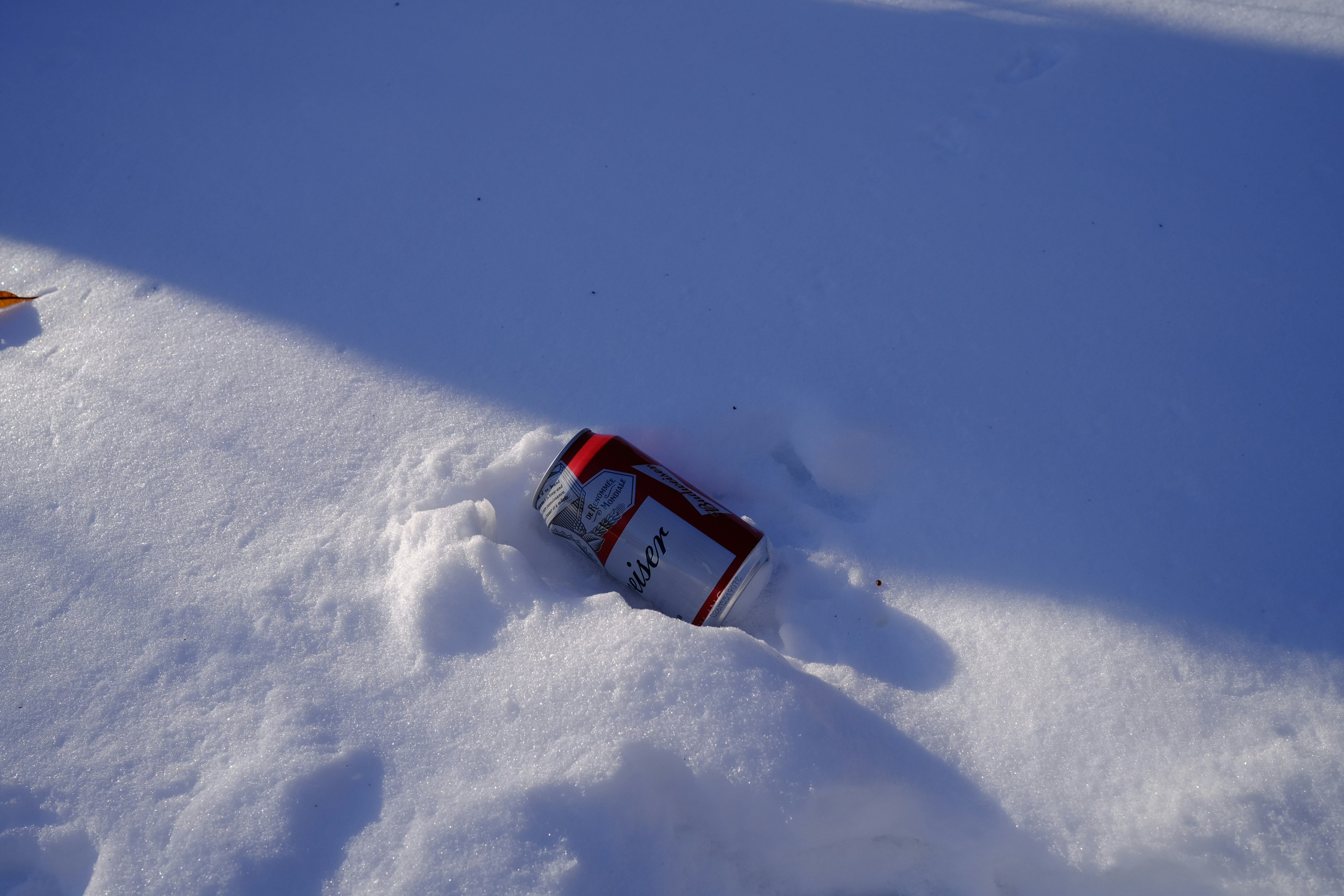 A soda can rests in the fresh snow.