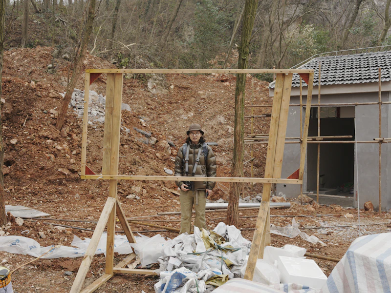 Wooden frame structure being built at construction site