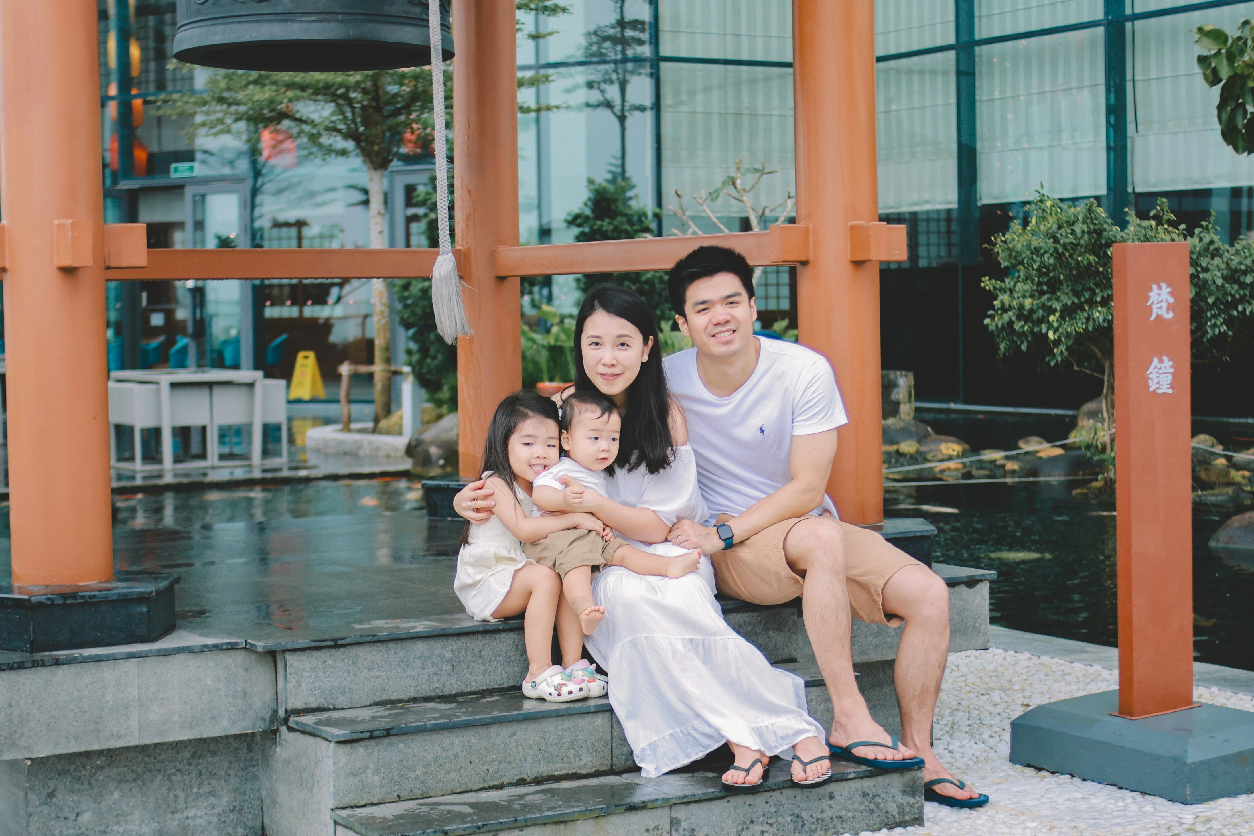 Family posing together near a japanese torii gate