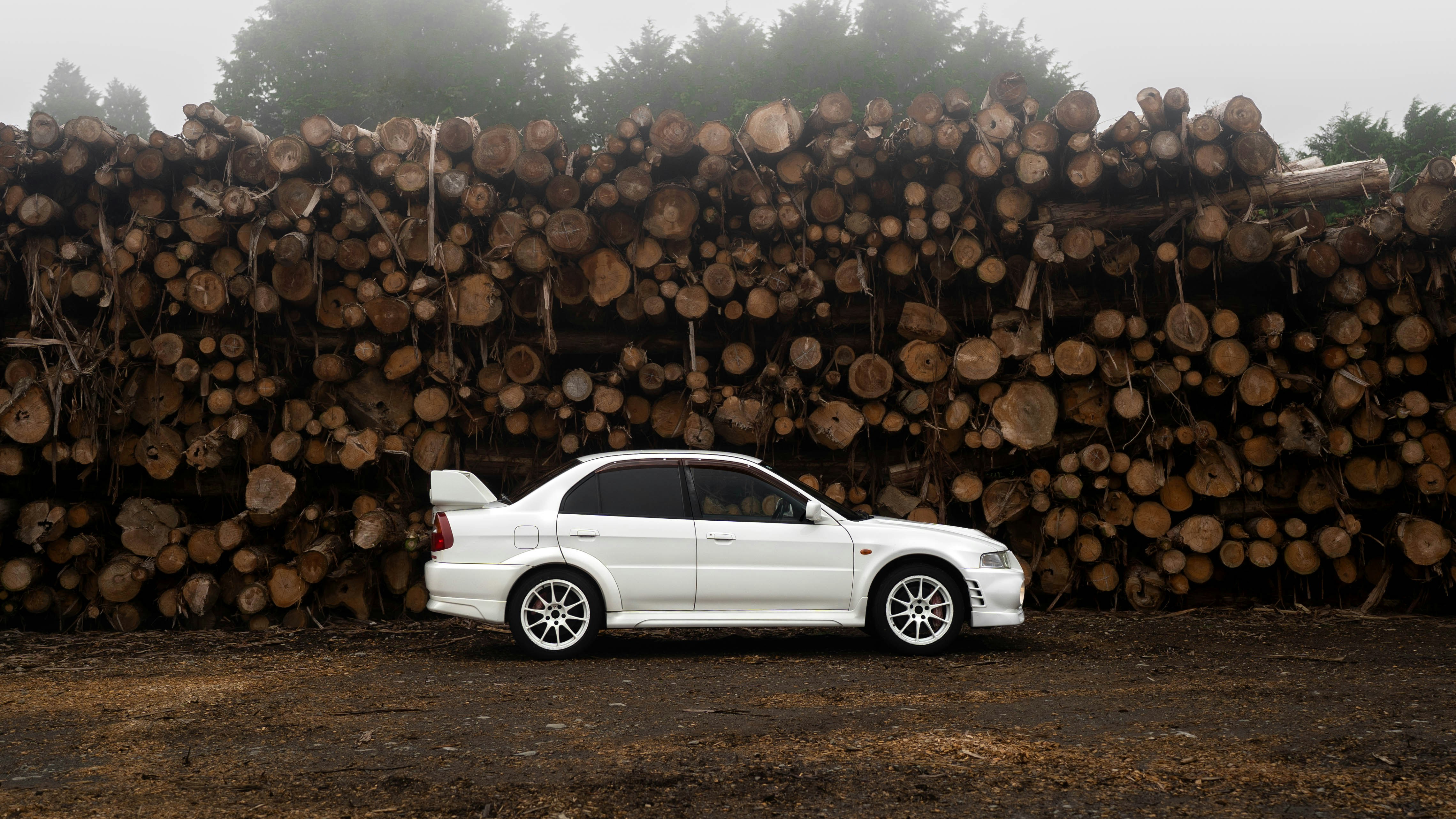 White sports car parked against a large woodpile