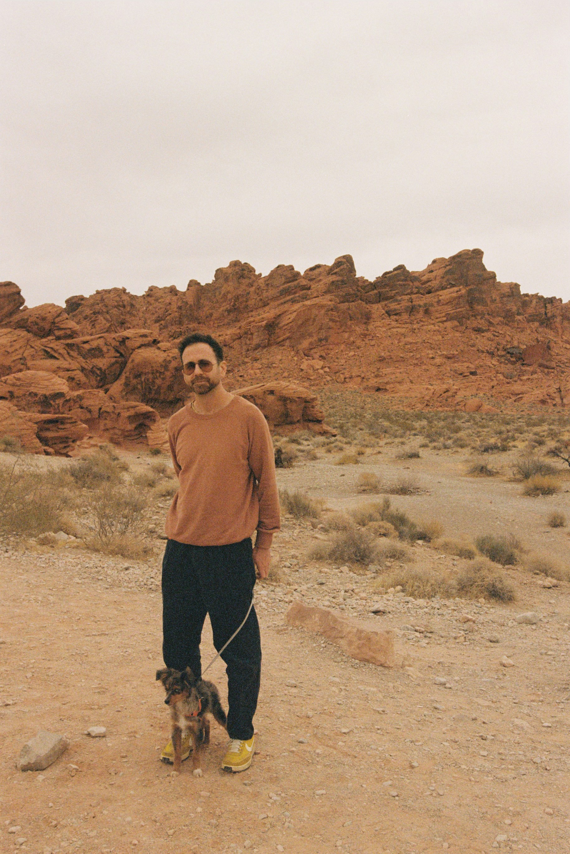 Man and small dog stand in a desert landscape.