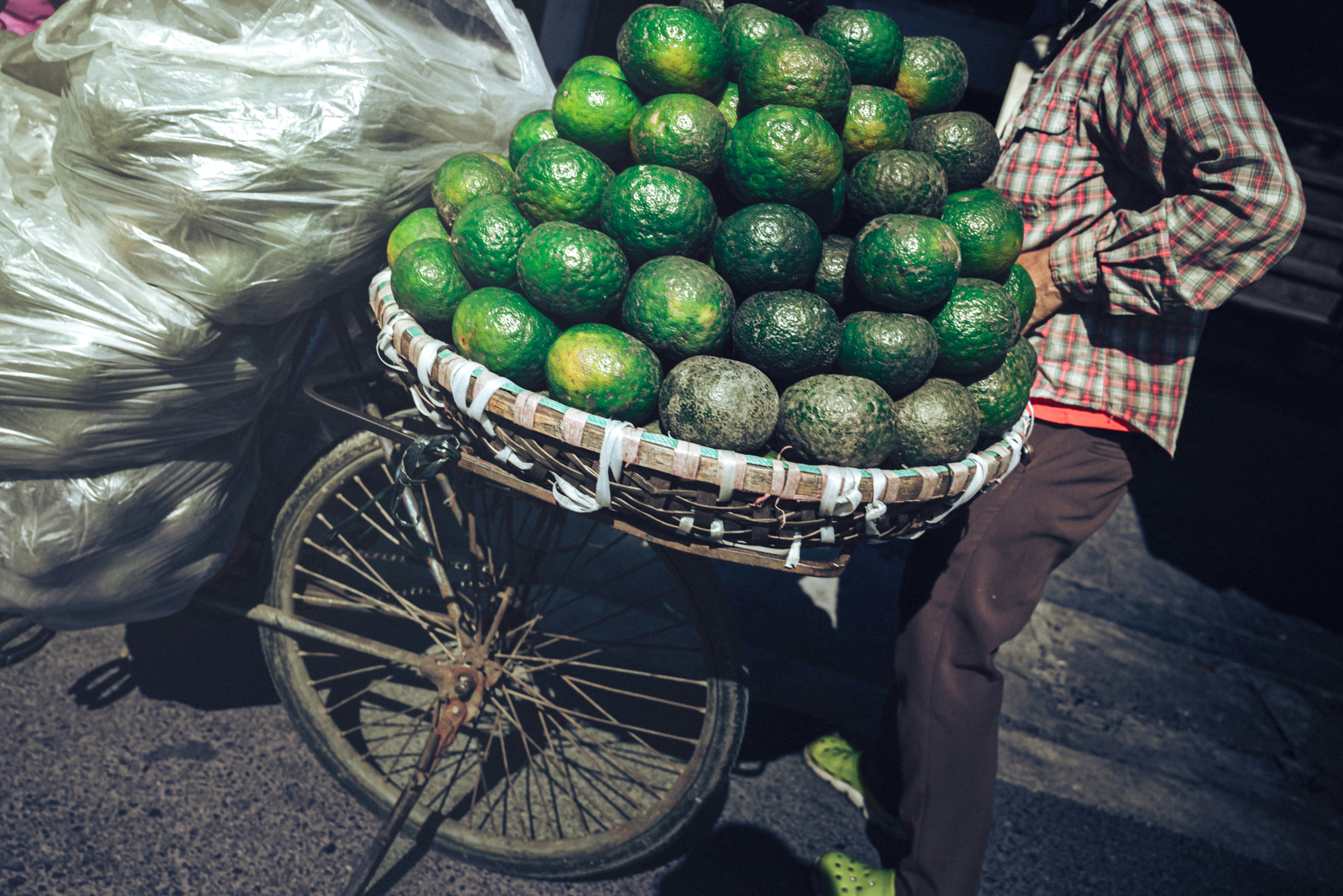 Man with bicycle basket full of green oranges