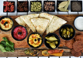 Assortment of middle eastern dips and flatbread