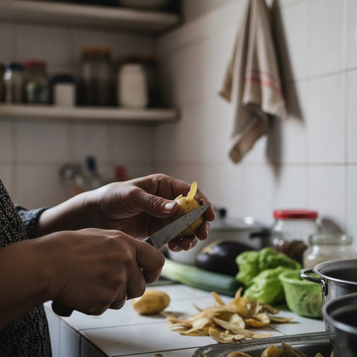 Tangan mengupas kentang di dapur rumah