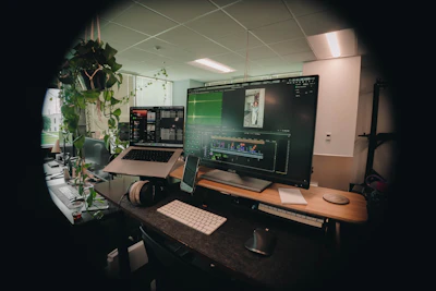 Computer workstation with multiple monitors and plants.