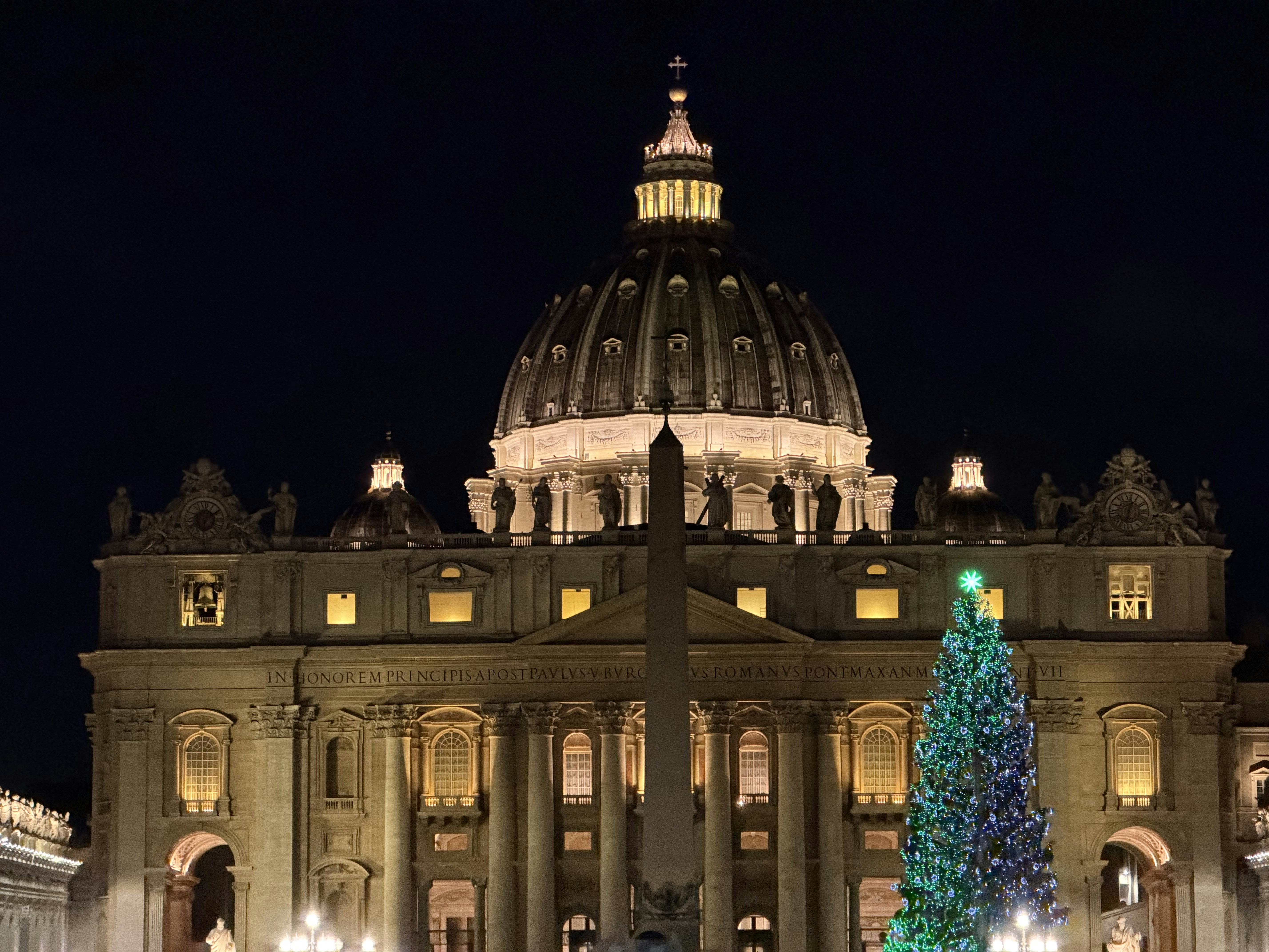 St. peter's basilica illuminated at night with christmas tree.