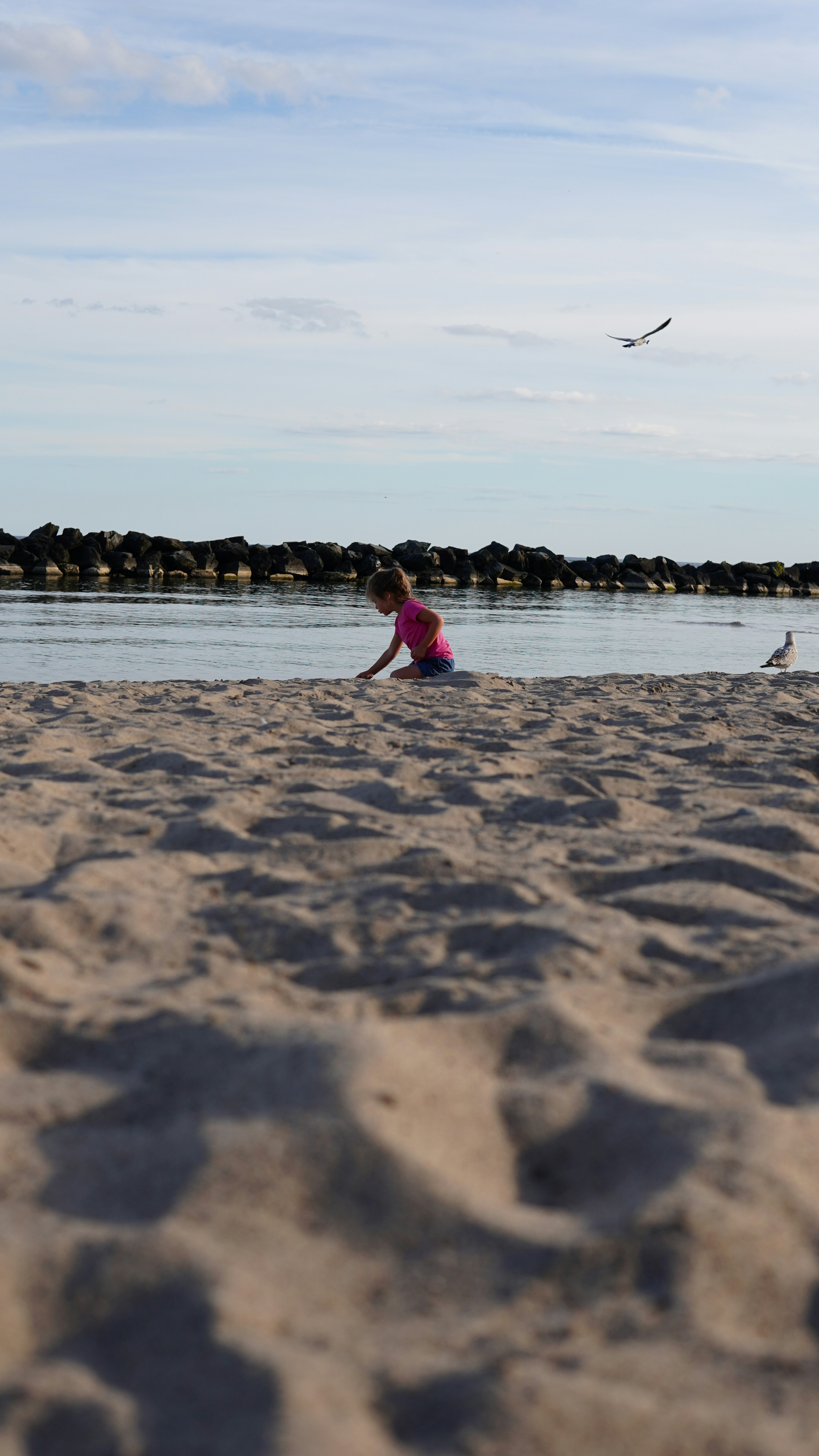 A child plays on a sandy beach near the ocean.