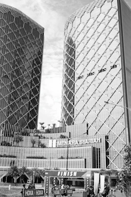 Modern skyscrapers with a finish line banner