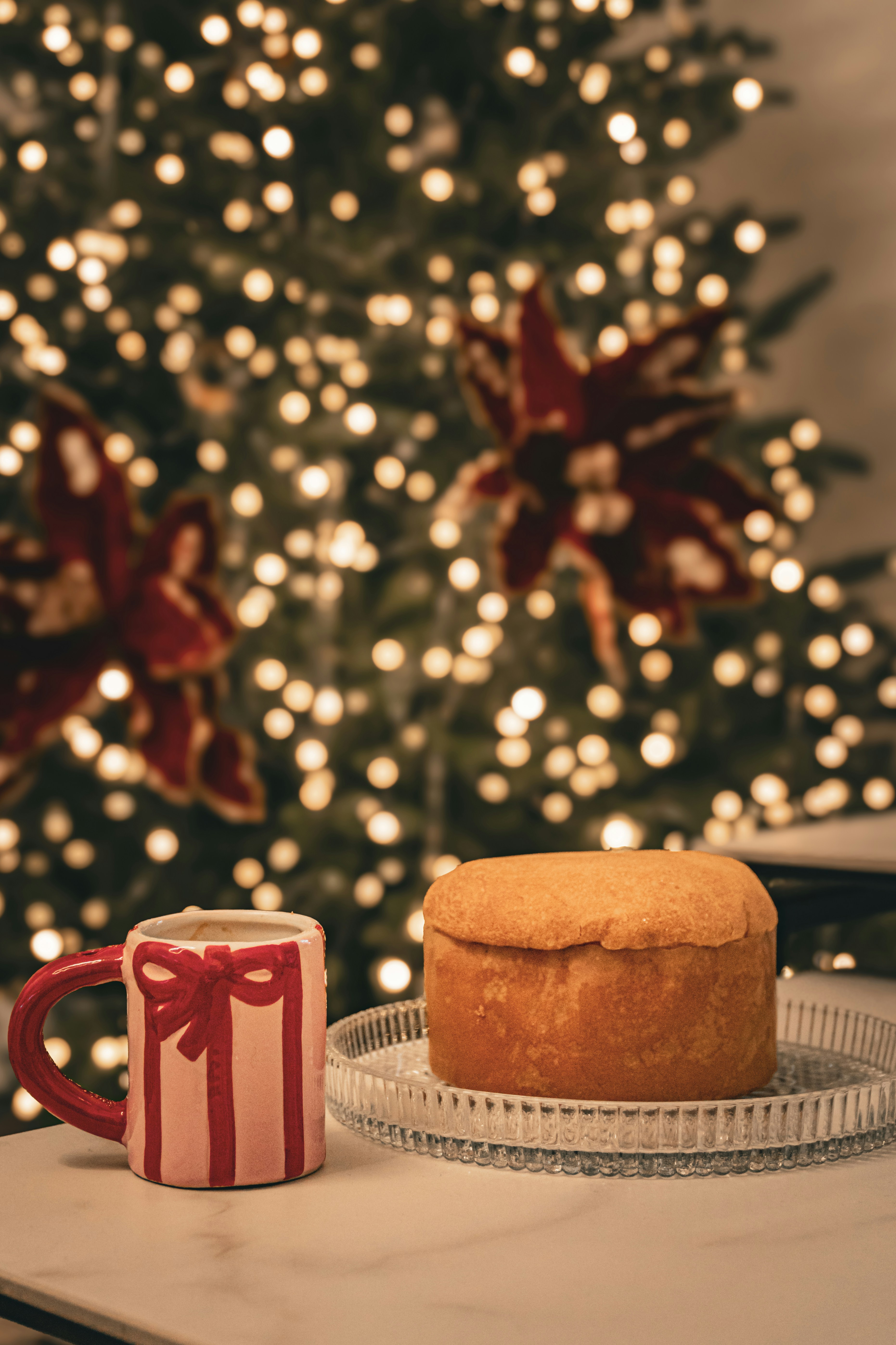 Christmas cake and mug with festive tree background