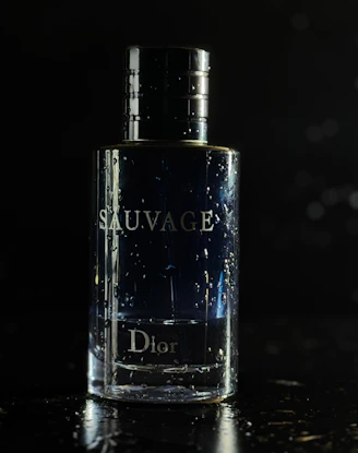 Dior sauvage perfume bottle with water droplets