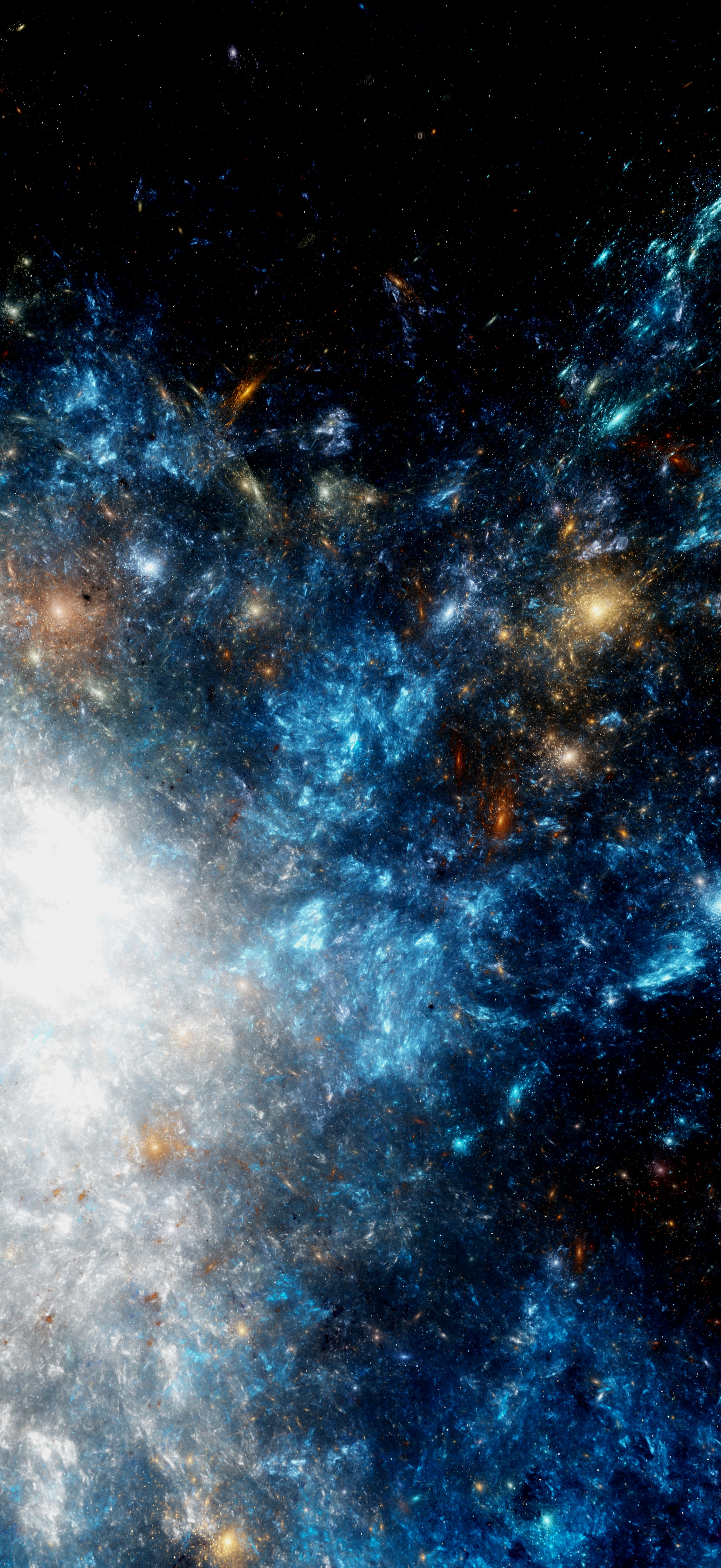 Vibrant blue and white nebula with stars in deep space.