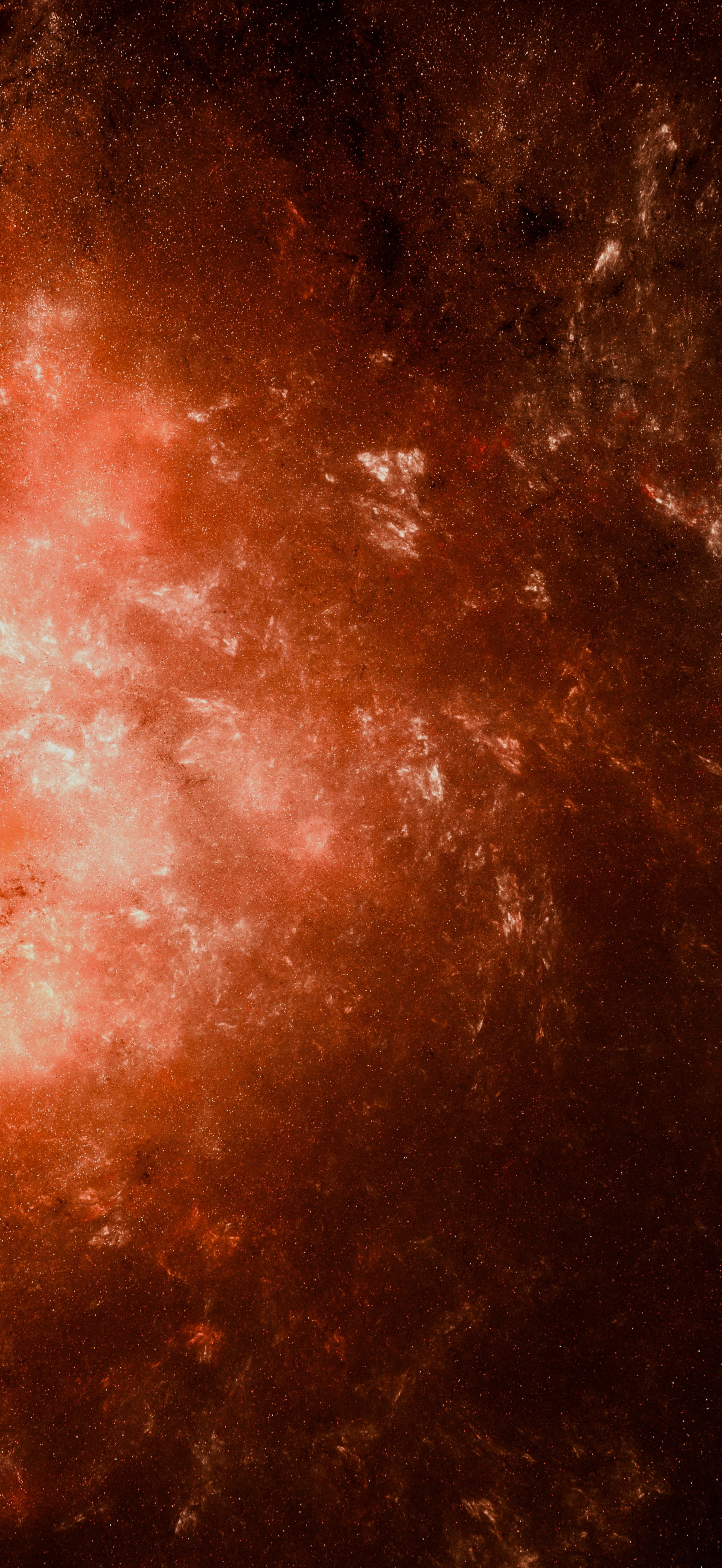 Abstract swirling red and orange nebula with white highlights