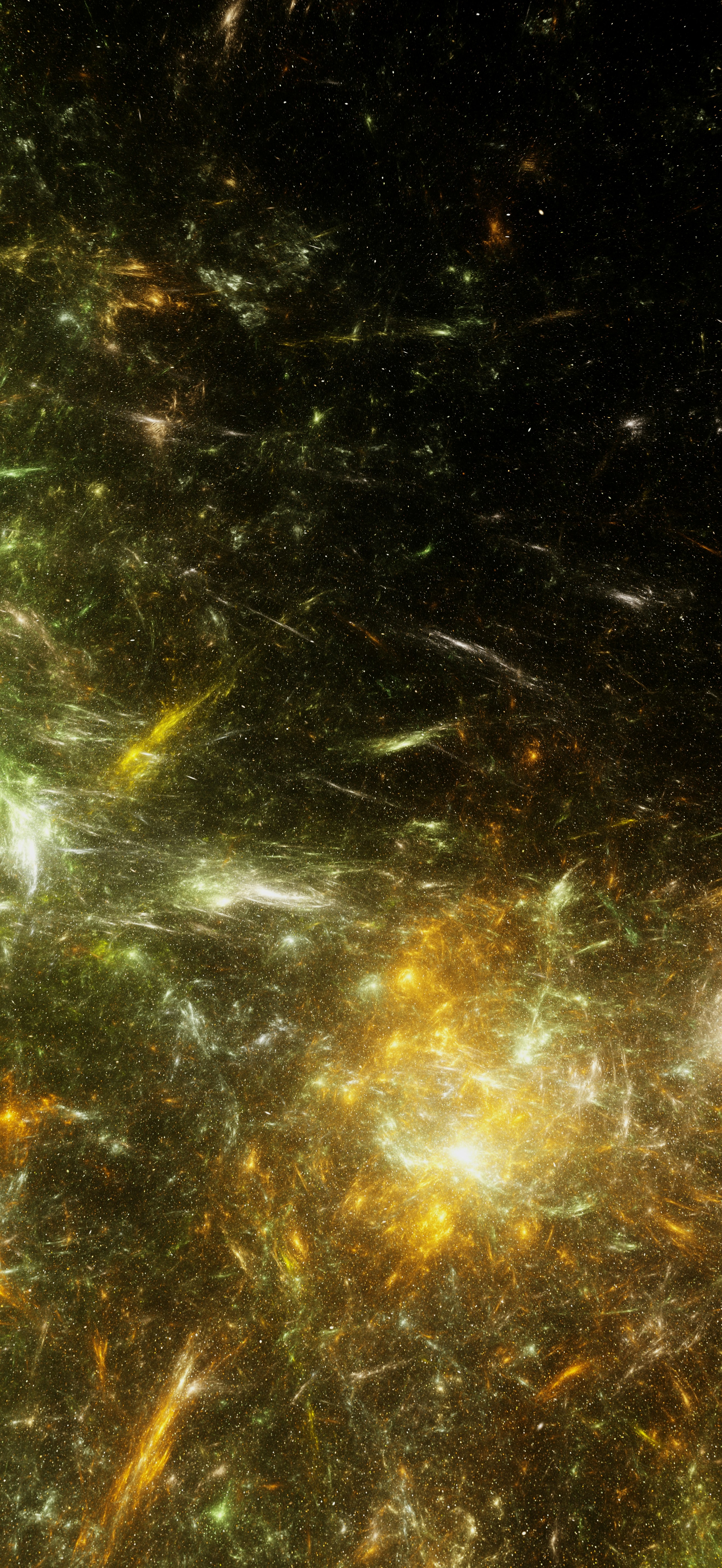 Abstract swirling cosmic dust and stars with golden light.