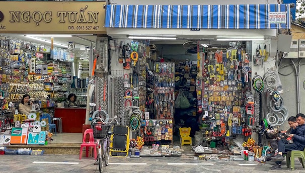 A cluttered storefront selling hardware and tools.