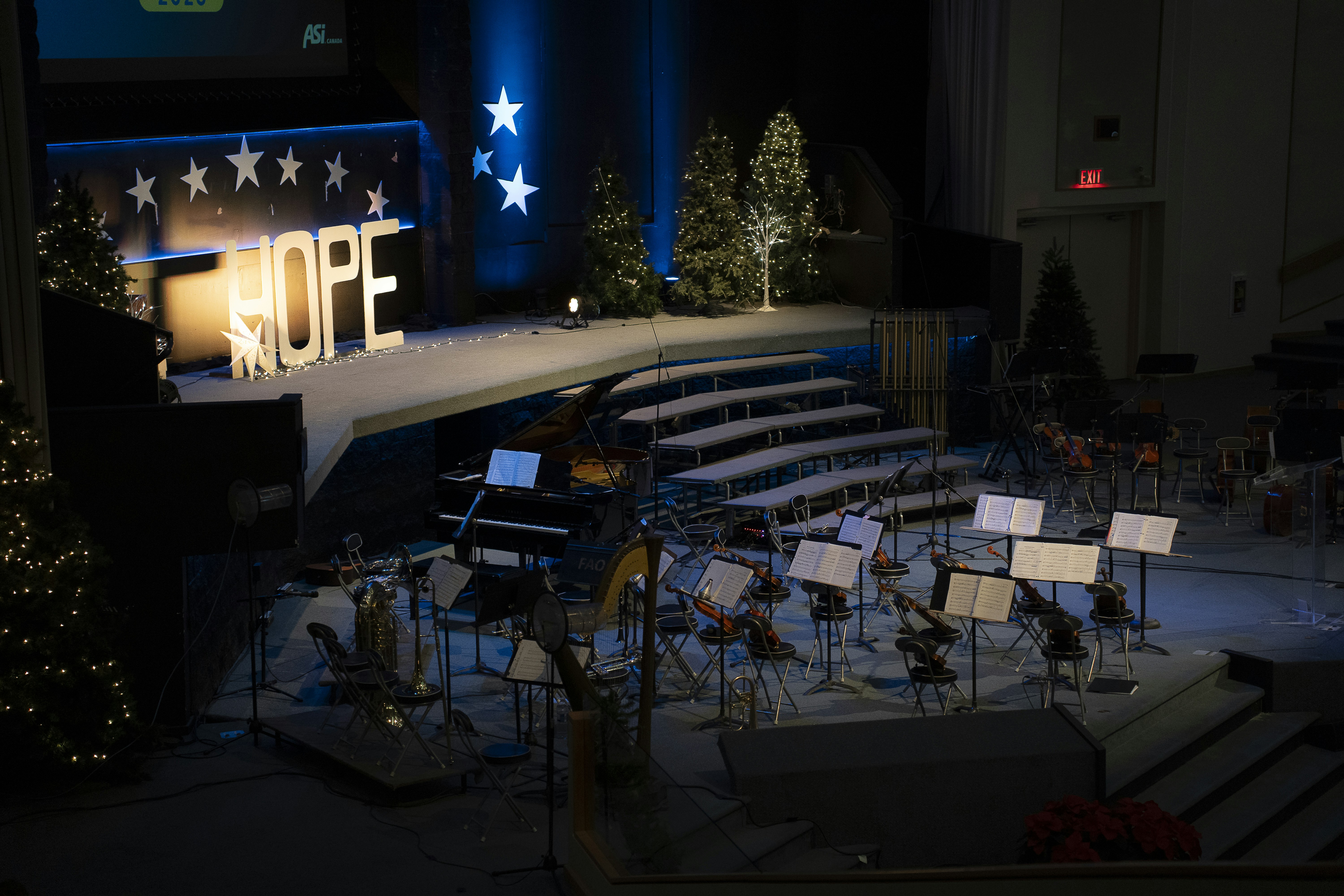 Stage decorated with large letters spelling hope