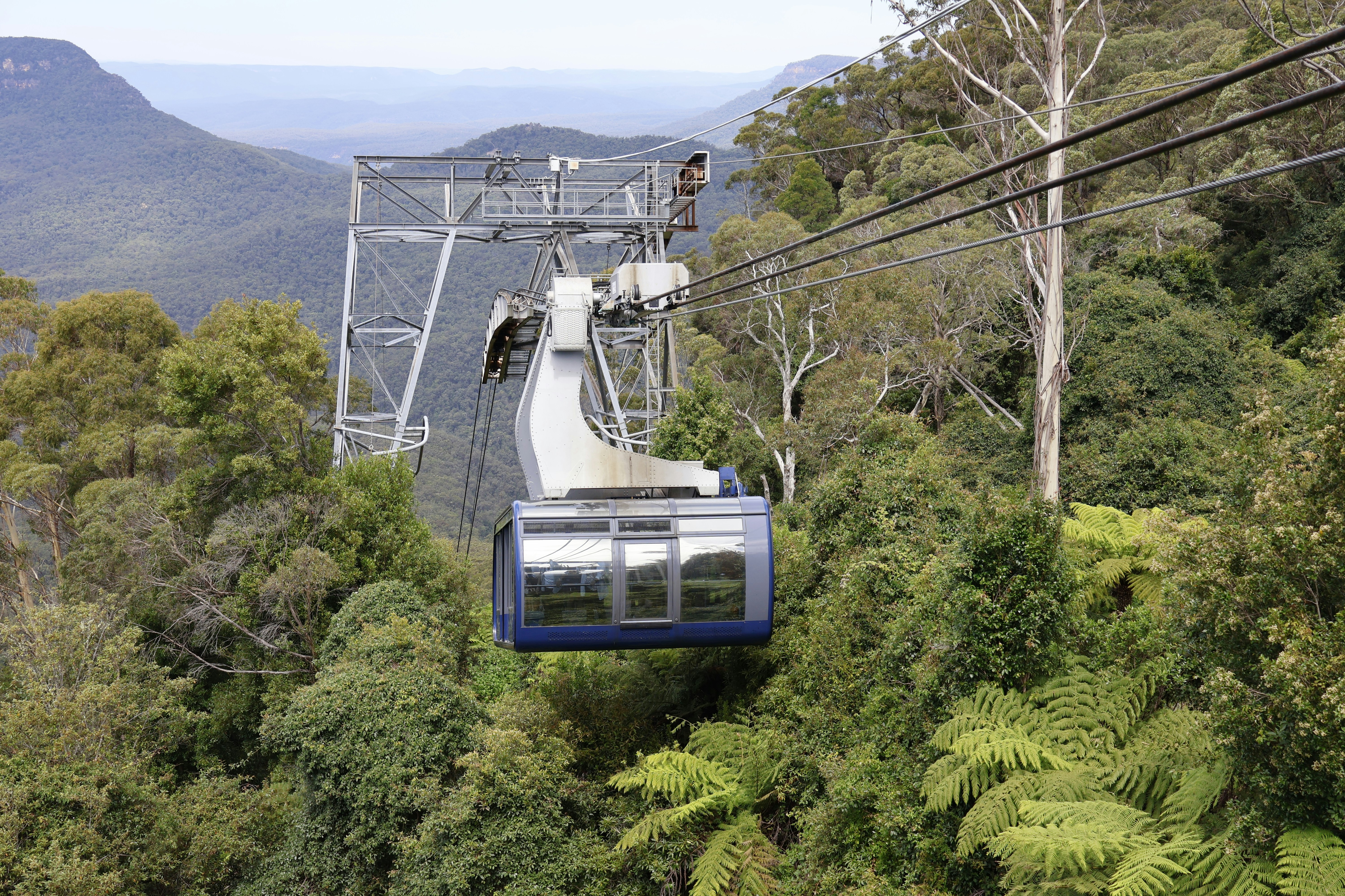 A modern blue cable car travels over a dense green forest with distant blue mountains under a bright, overcast sky.