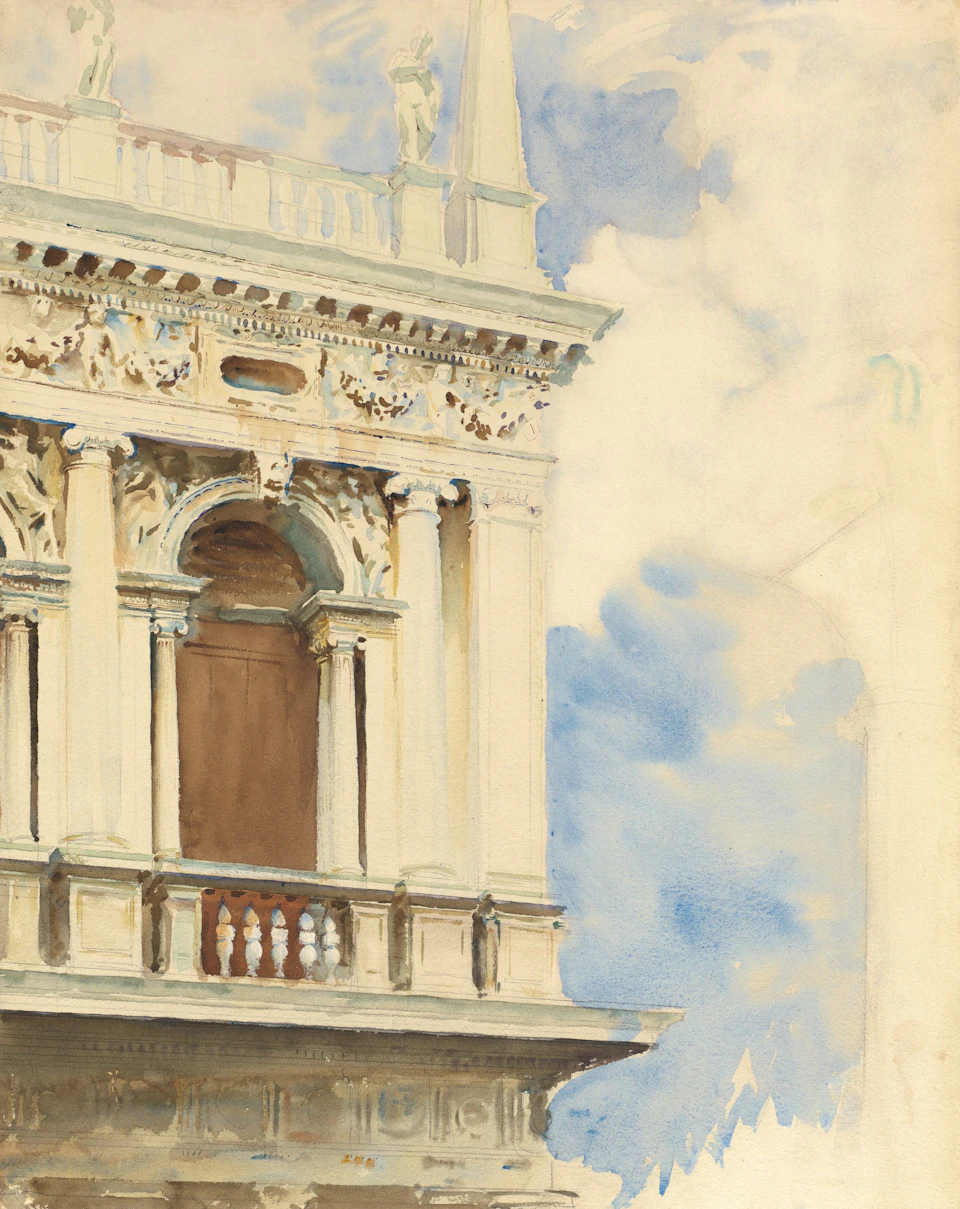 The image depicts a white building with ornate architectural details, including columns and arches. The building features a large window on its right side that is currently closed. The sky above the building has a blue hue, suggesting it might be a cloudy day or during sunset/morning hours when the sun's position in the sky creates a beautiful interplay of light and shadow.

The painting style is realistic, with an emphasis on capturing the intricate details of the architectural elements. The artist has used watercolor to create this piece, which adds a sense of depth and dimension to the scene.