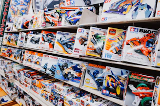 Model car kits displayed on store shelves