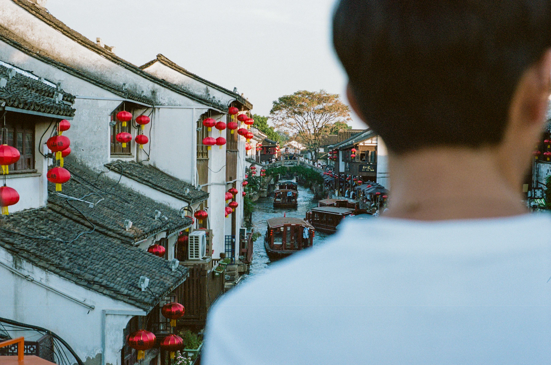 Red lanterns above a Suzhou canal