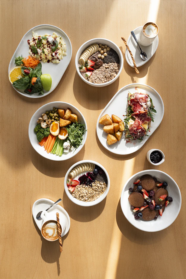 A variety of healthy breakfast bowls and dishes.