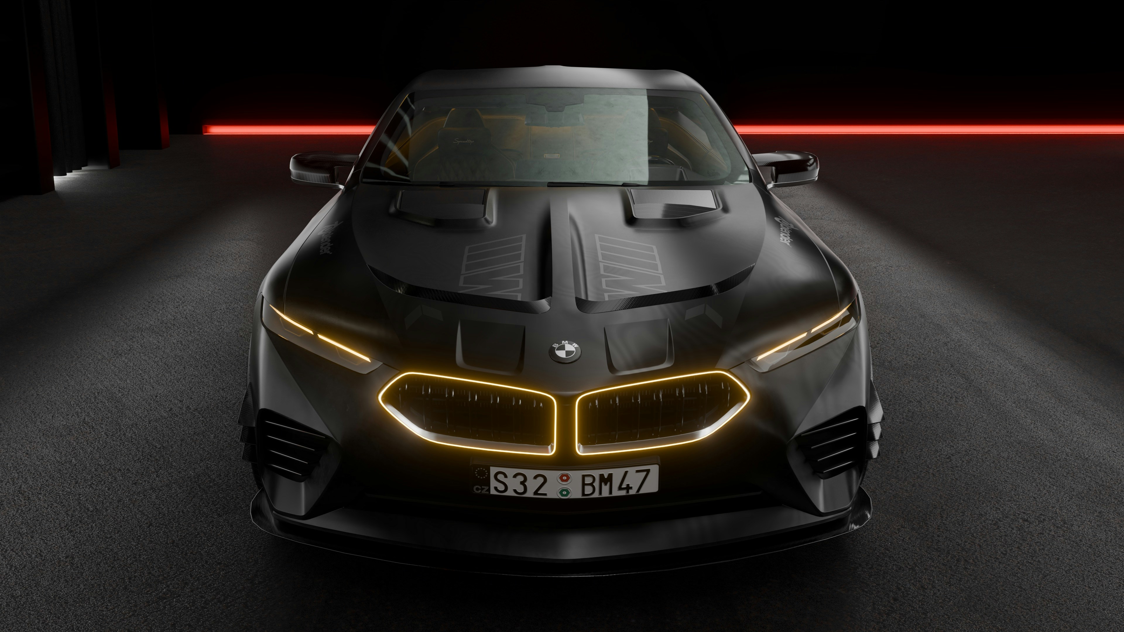 Front view of a sleek black luxury car