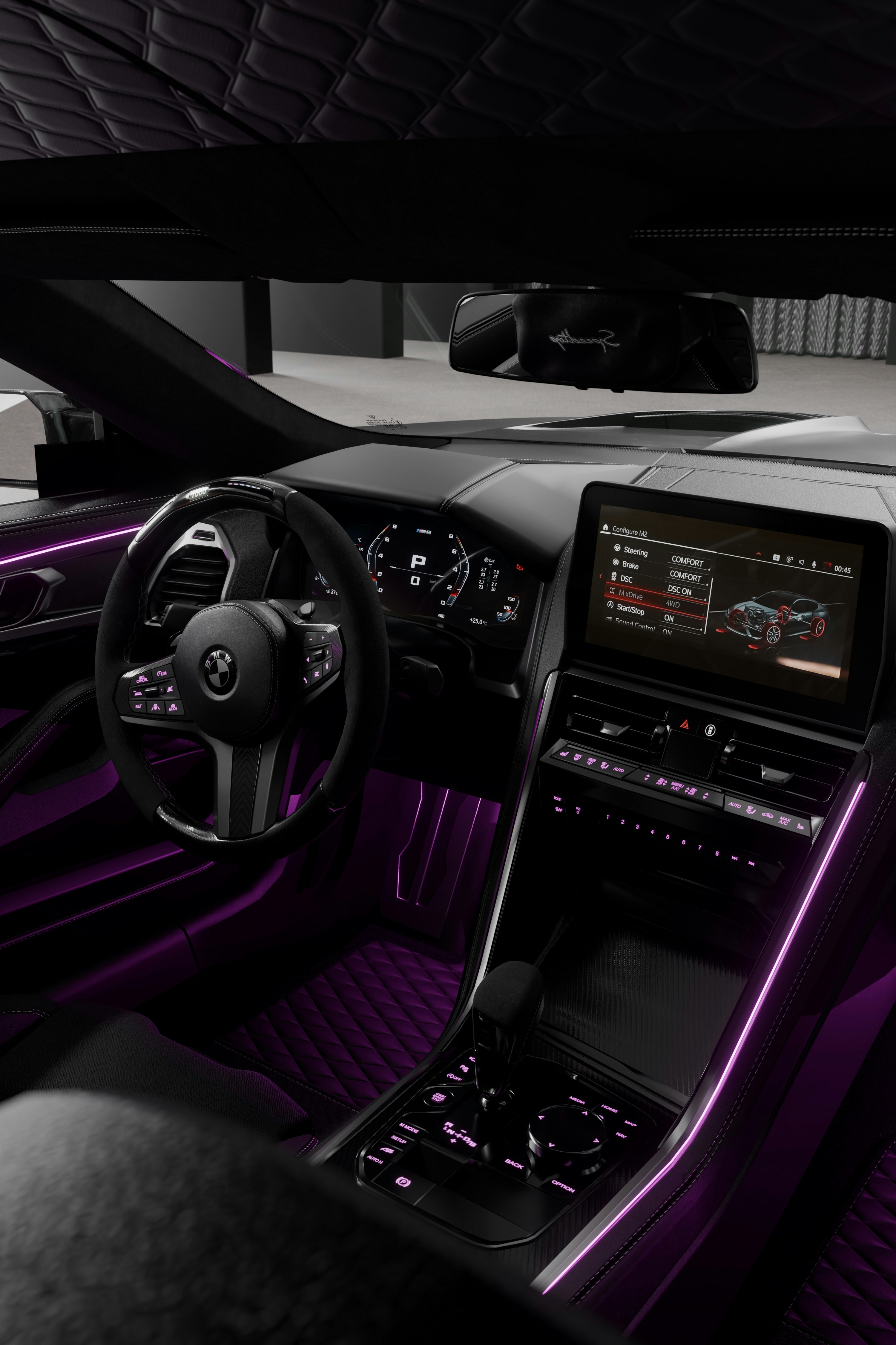 Modern car interior with ambient purple lighting