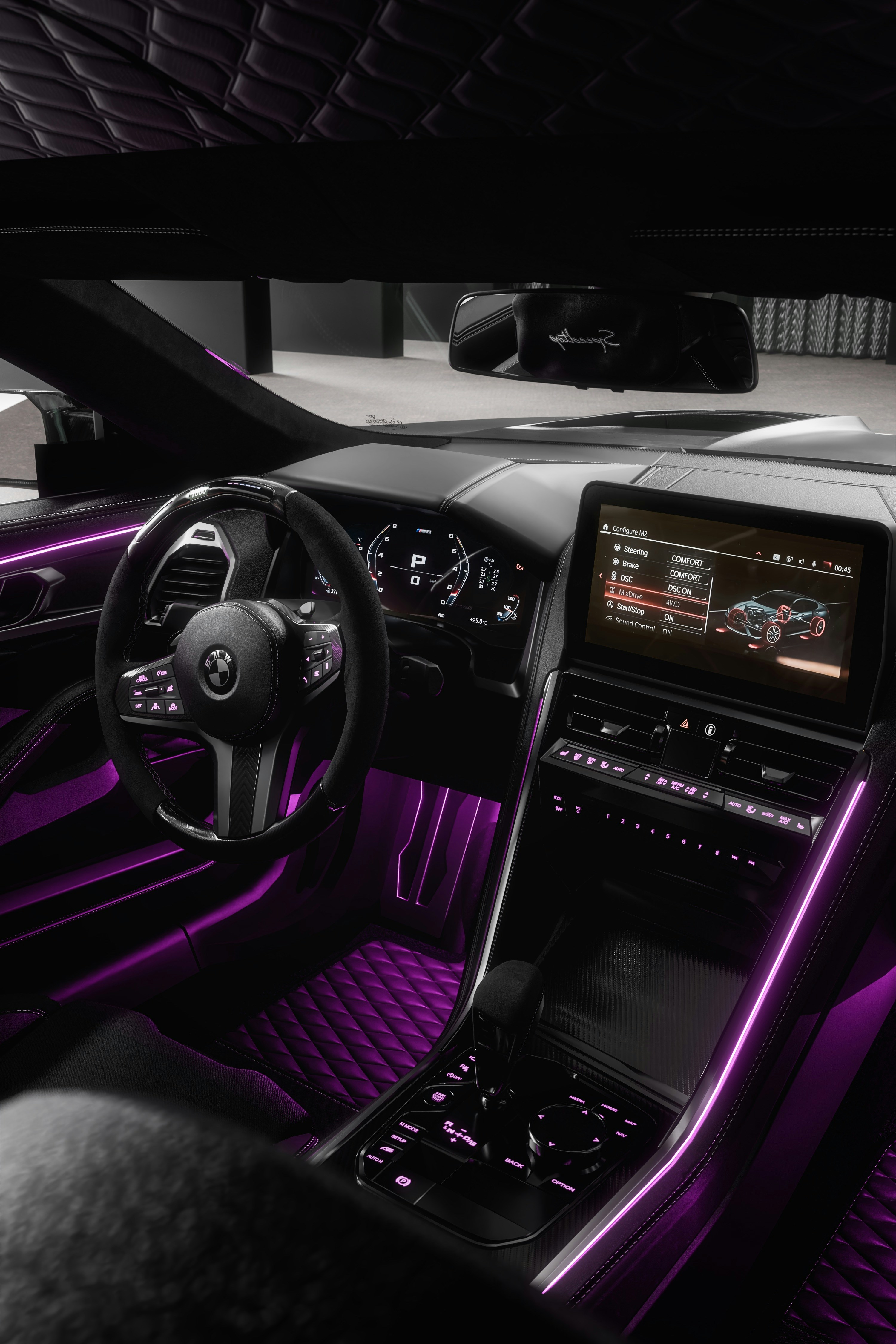 Luxury car interior with ambient purple lighting