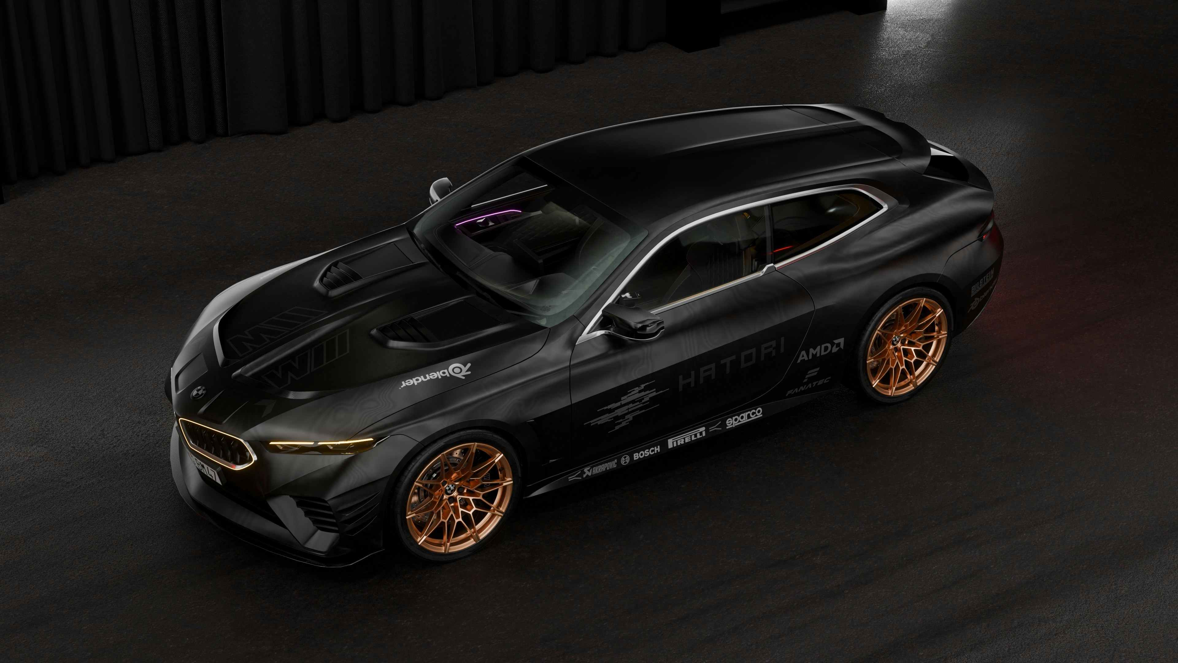 Sleek black sports car with copper wheels.