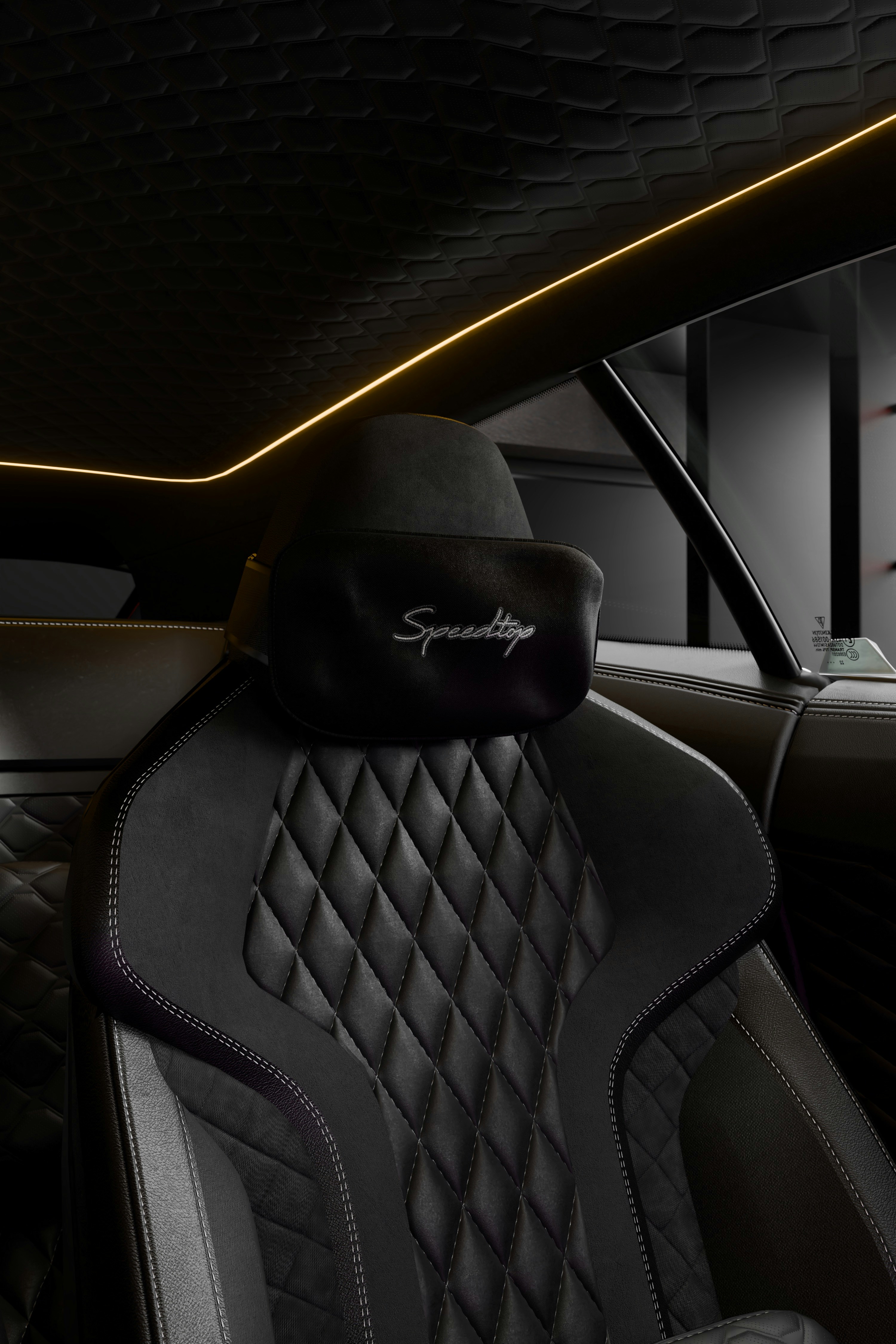Luxurious car interior with quilted leather seats.