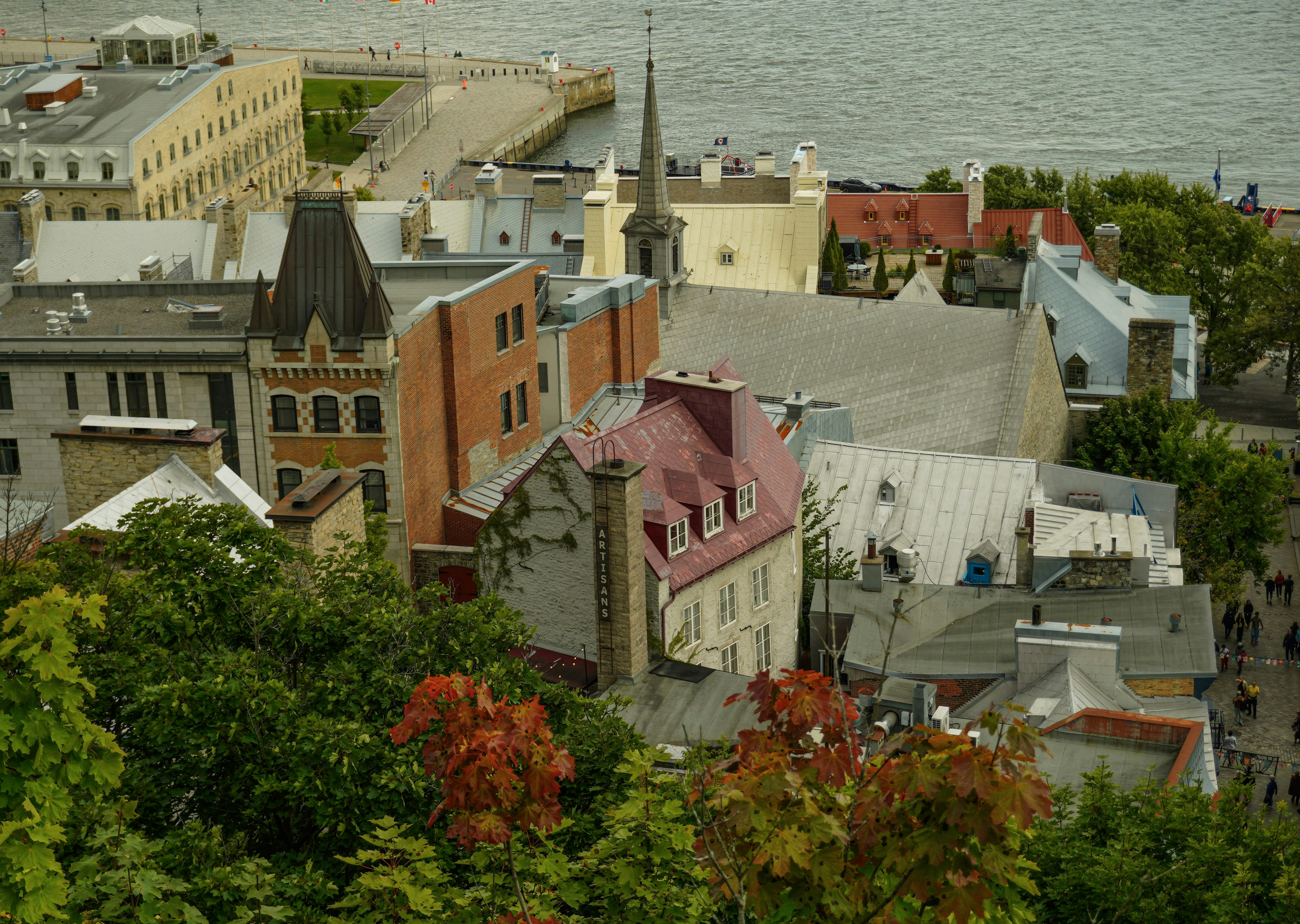 Rooftops of historic buildings overlooking water