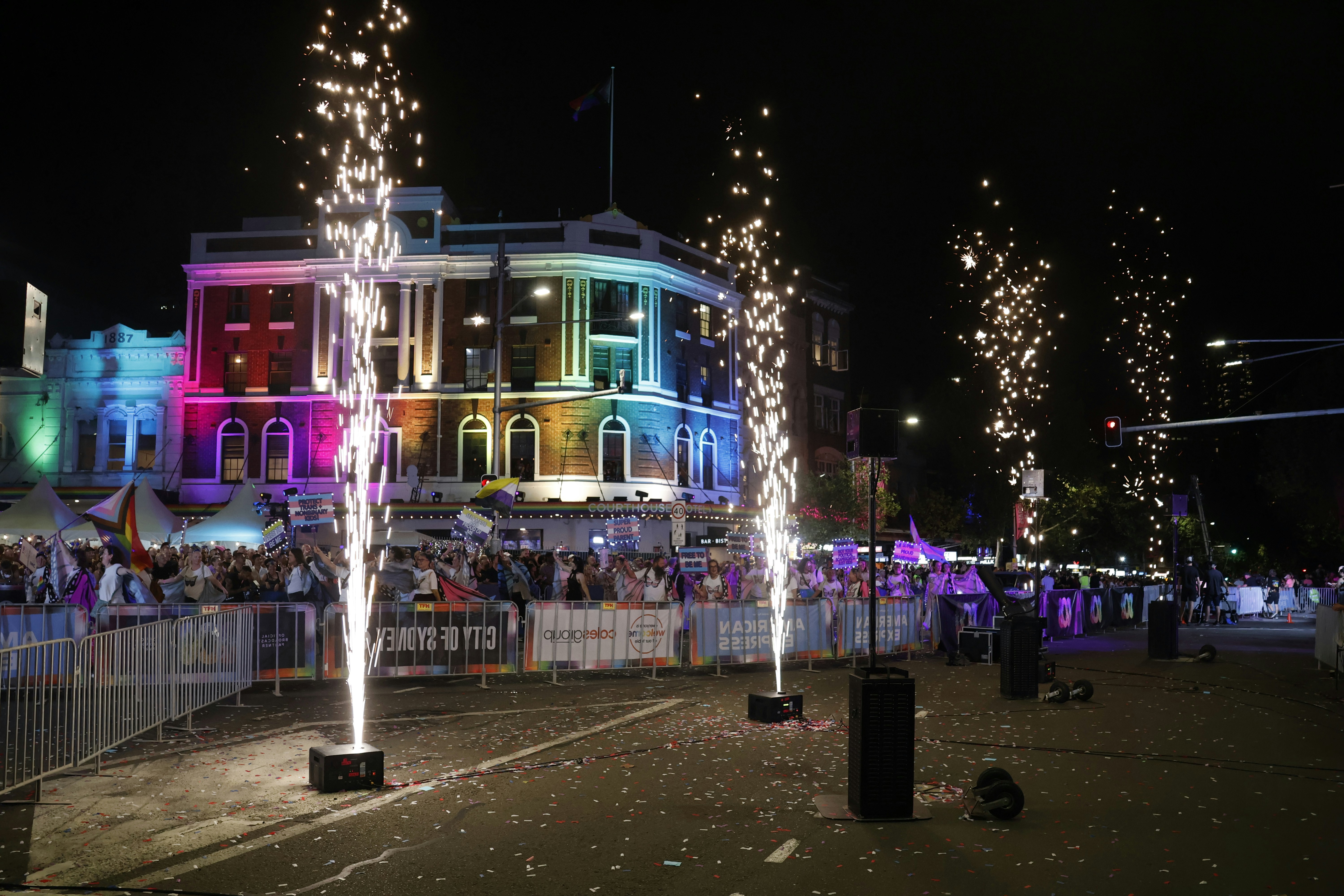 Fireworks light up a building at night
