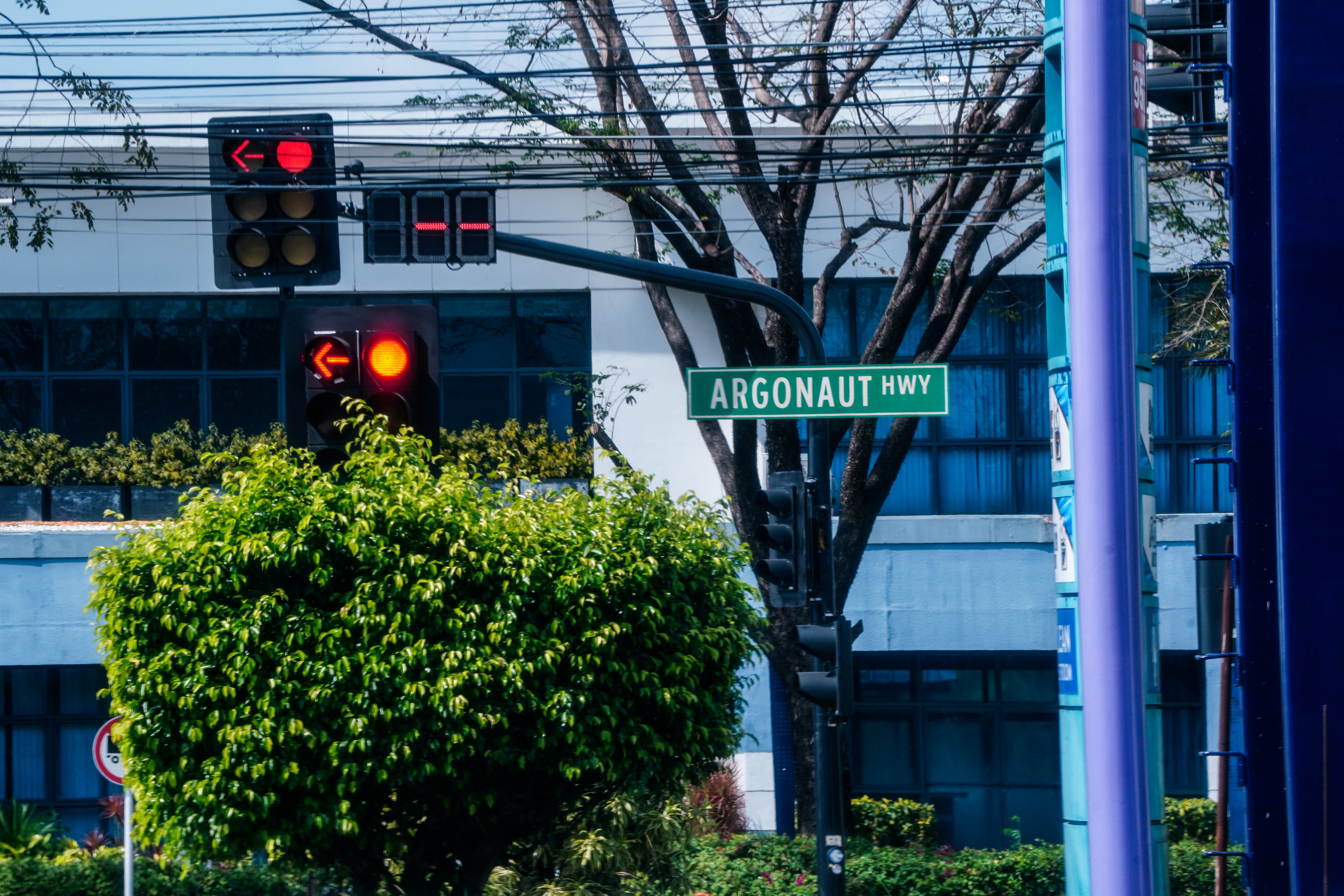Traffic lights and argonaut highway sign