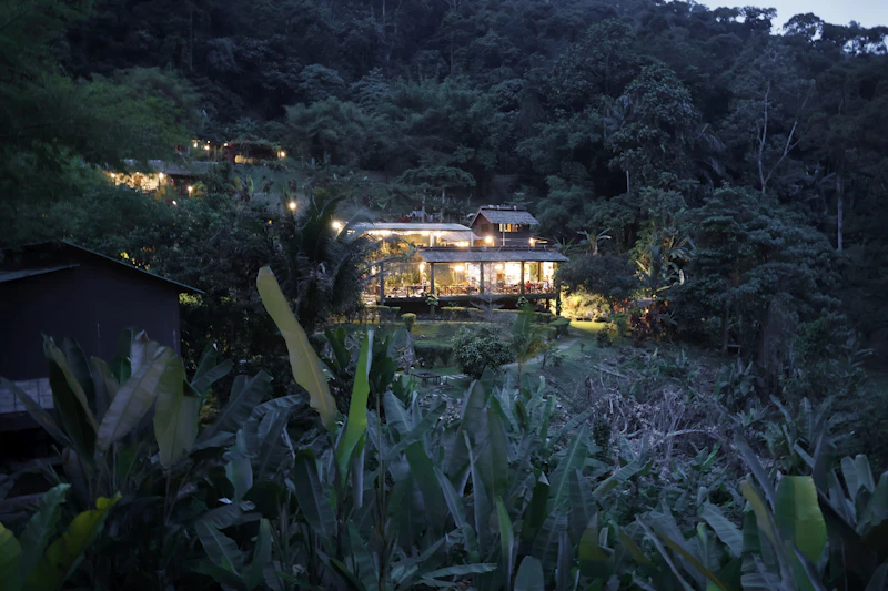 Small retreat lit at dusk in a tropical jungle