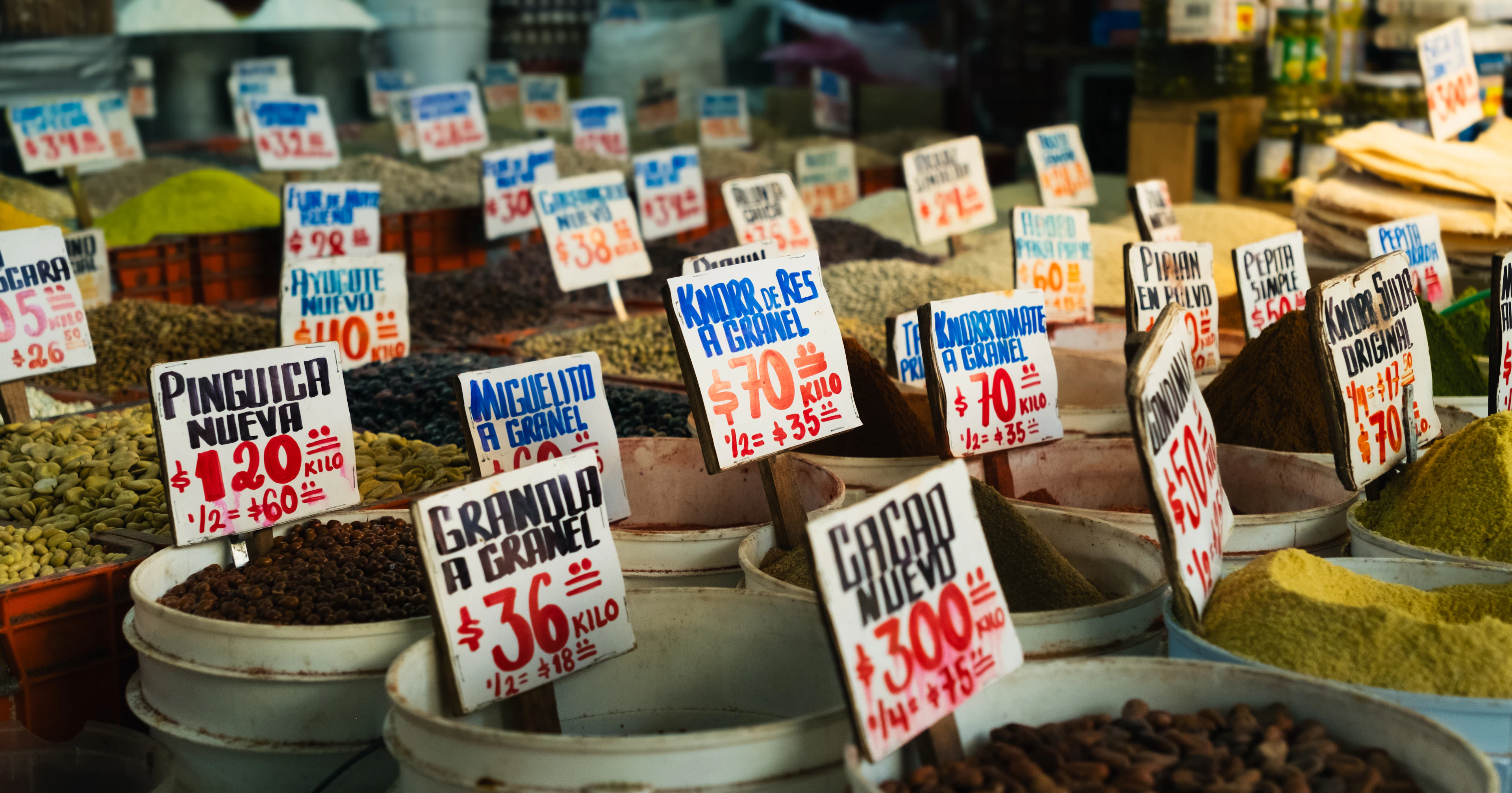 A Mexican market stall selling cacao beans, pepitas, pipián powder, dried herbs and spices loose by the kilo, under hand-lettered peso price signs