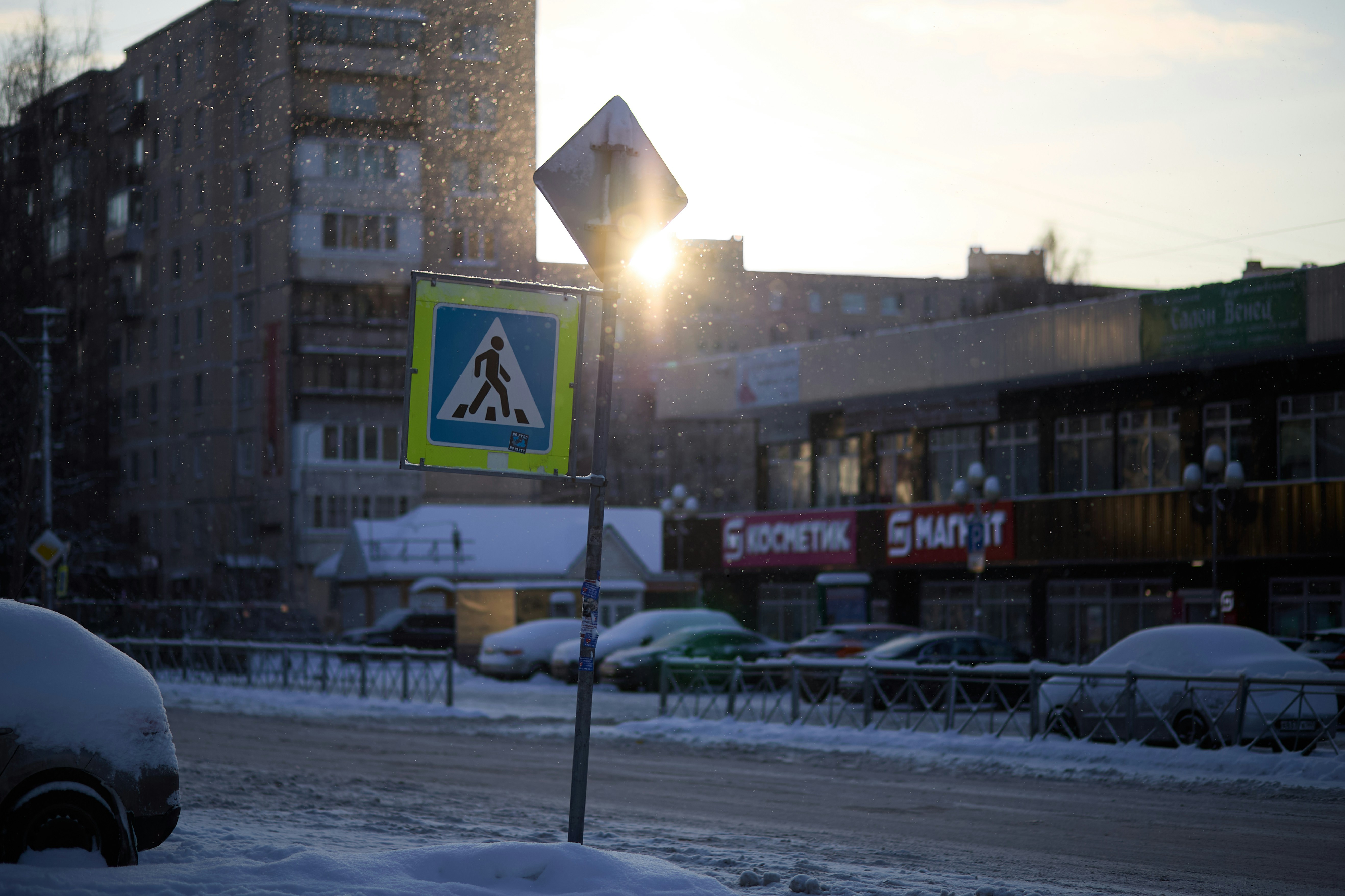 Pedestrian crossing sign on a snowy city street