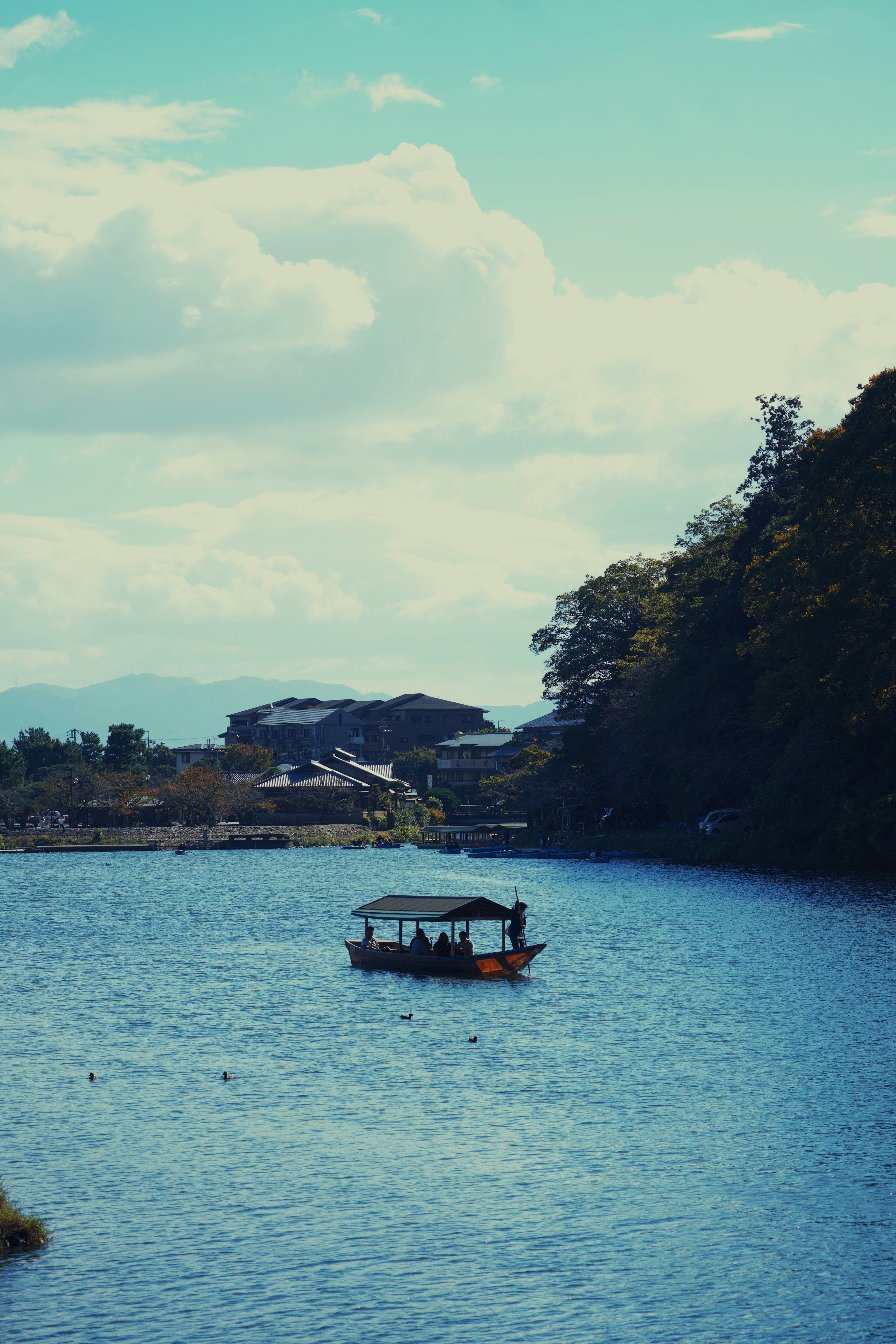 A boat with people on a blue lake near trees.