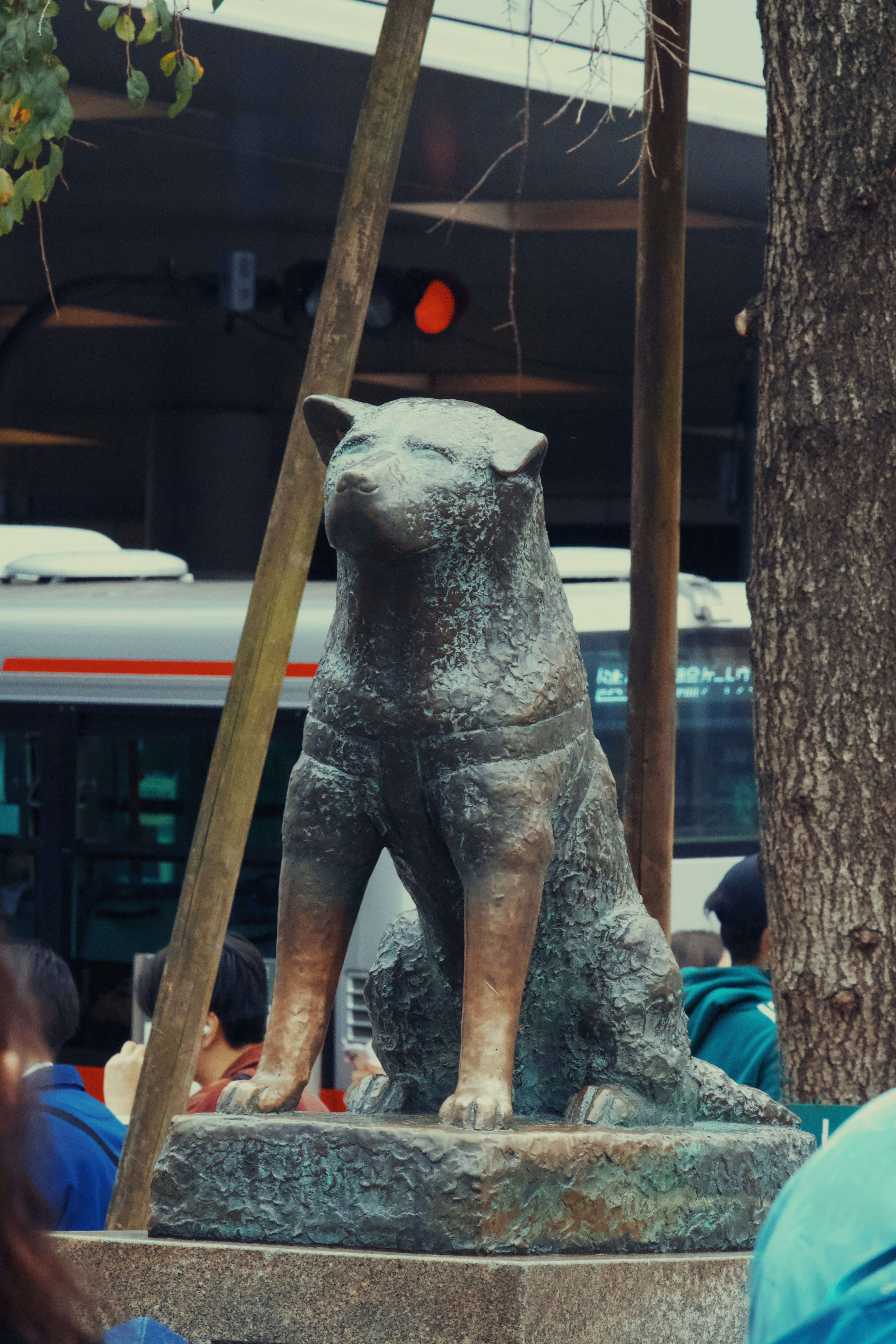 Bronze statue of a dog sitting outdoors