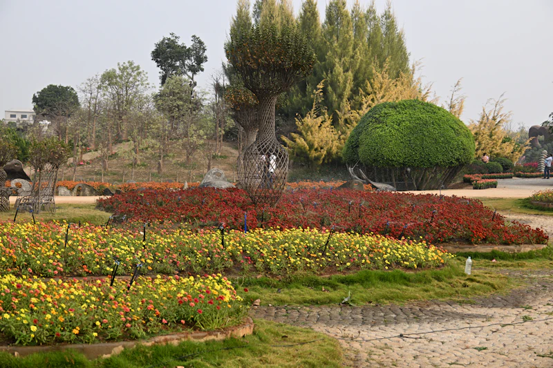 Jardin fleuri et coloré, bien entretenu