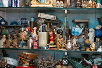 Shelves filled with various antique trinkets and collectibles.