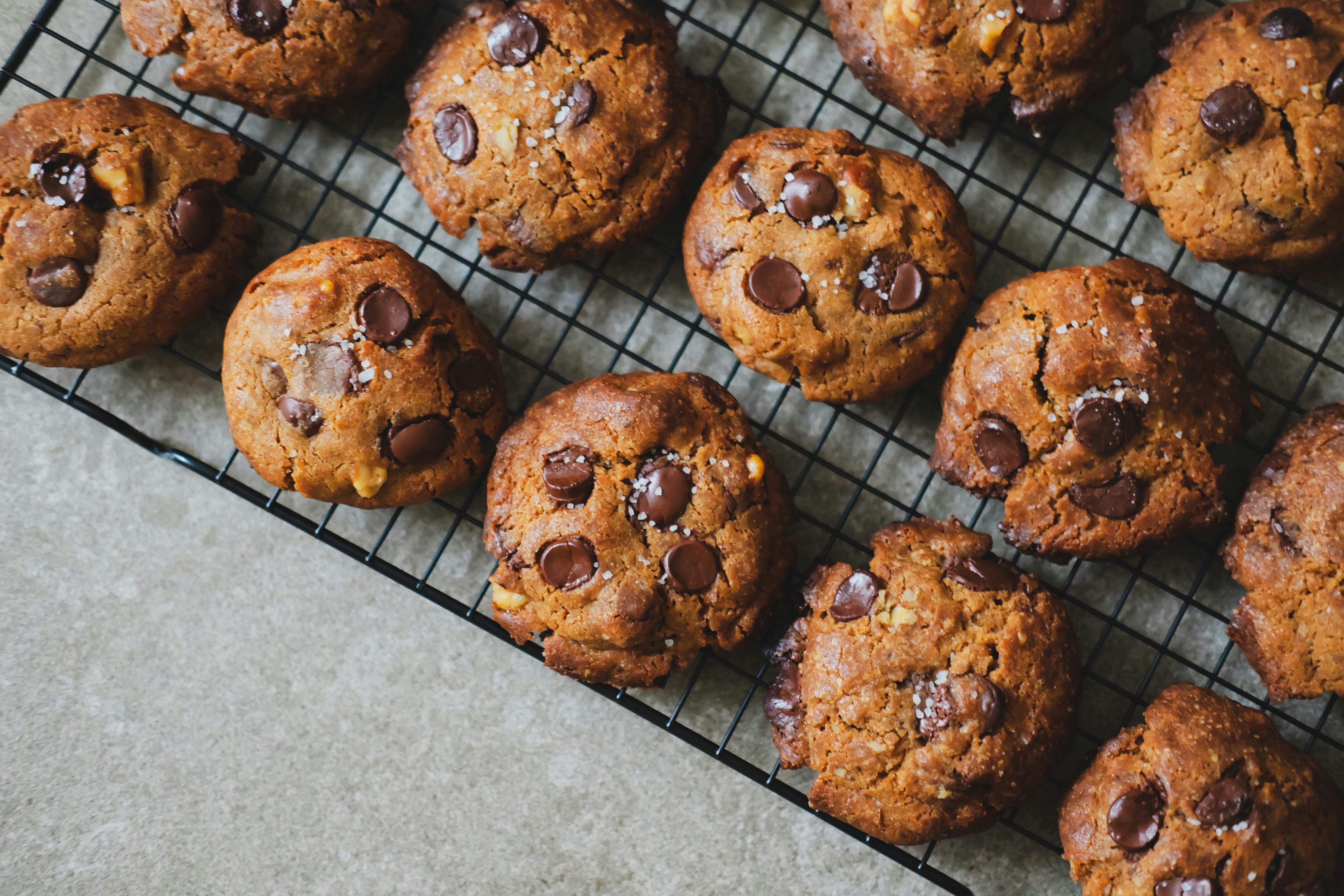 Freshly baked chocolate chip cookies on a cooling rack
