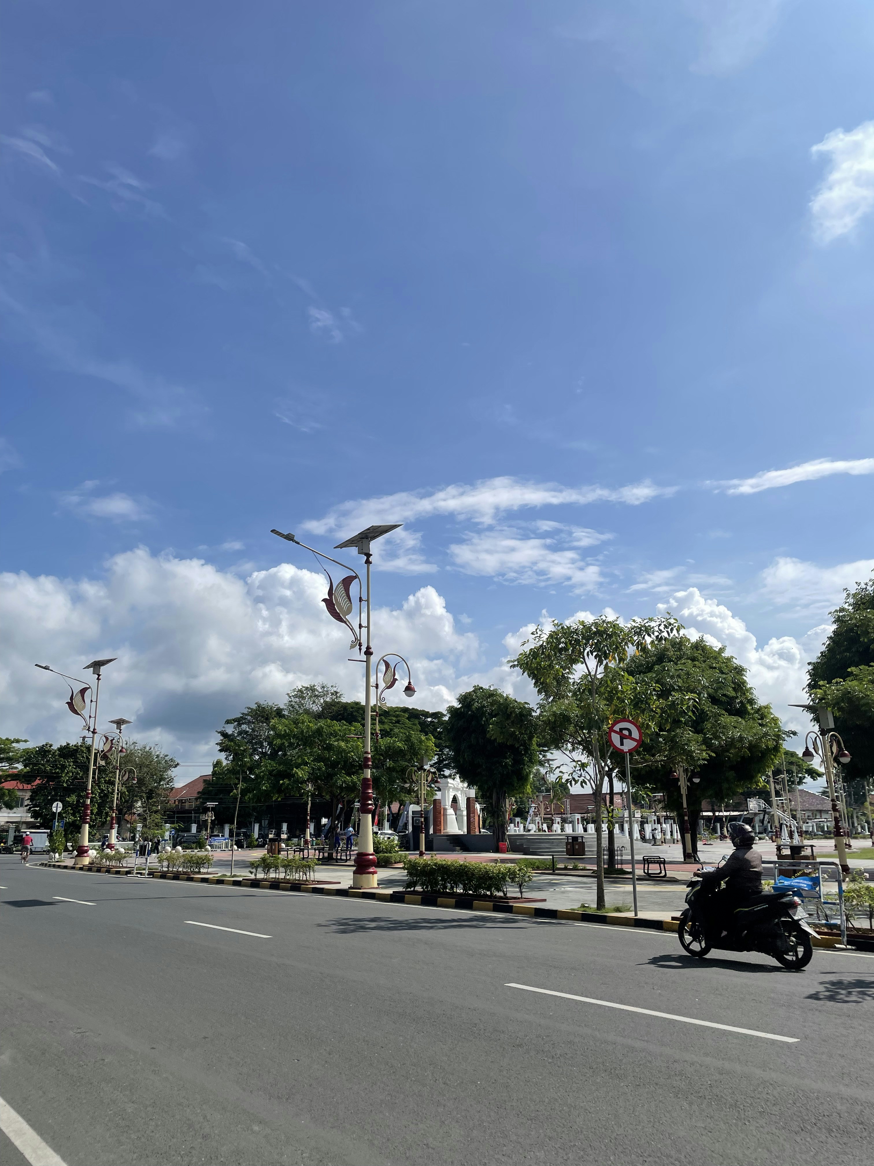 A motorcycle rides down a sunny street with trees.