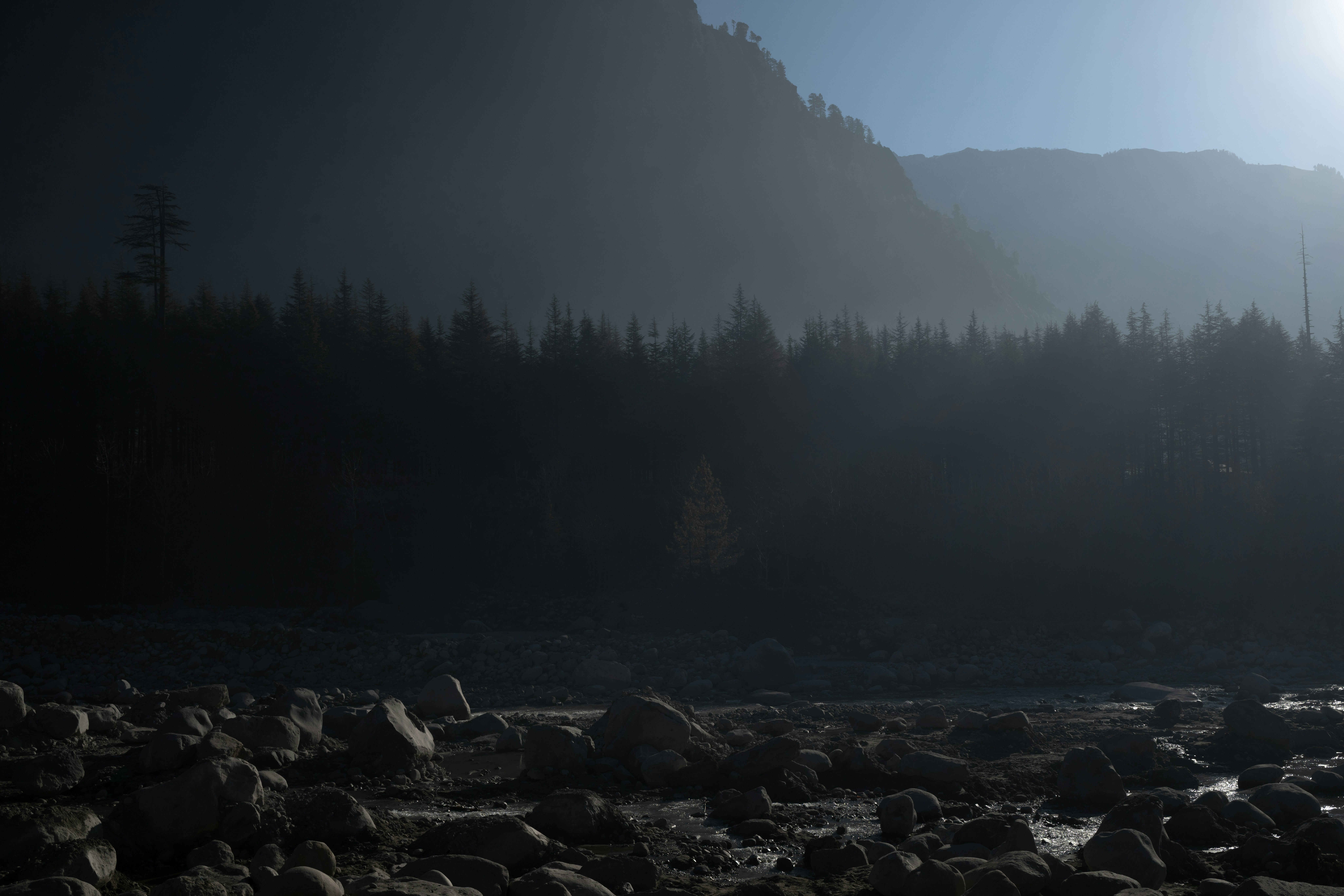 Neblige Berge und Wald an einem felsigen Fluss