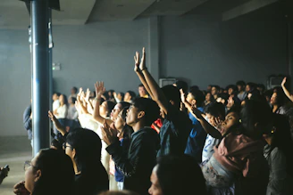 A crowd of people with hands raised in excitement.