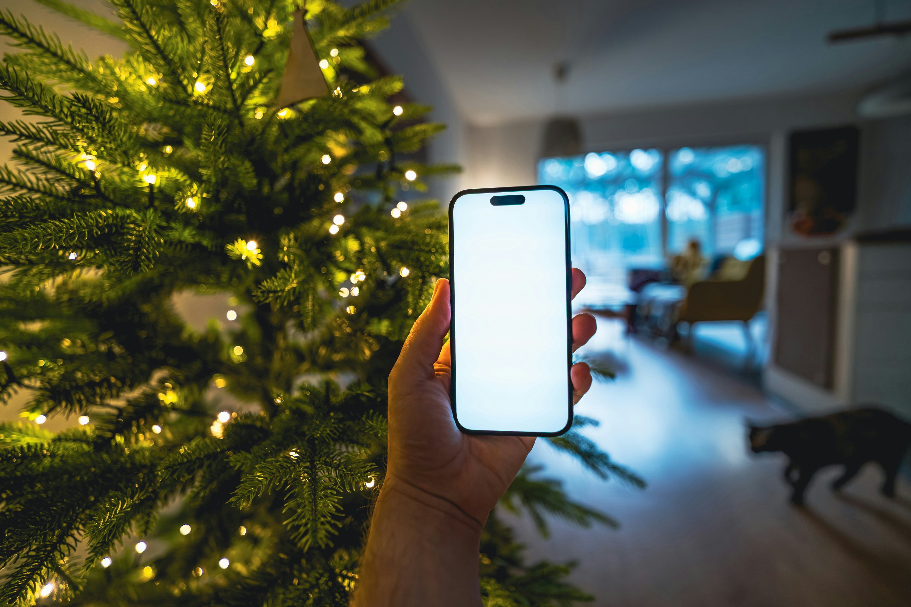 クリスマスツリーの前でスマートフォンを手持ちする