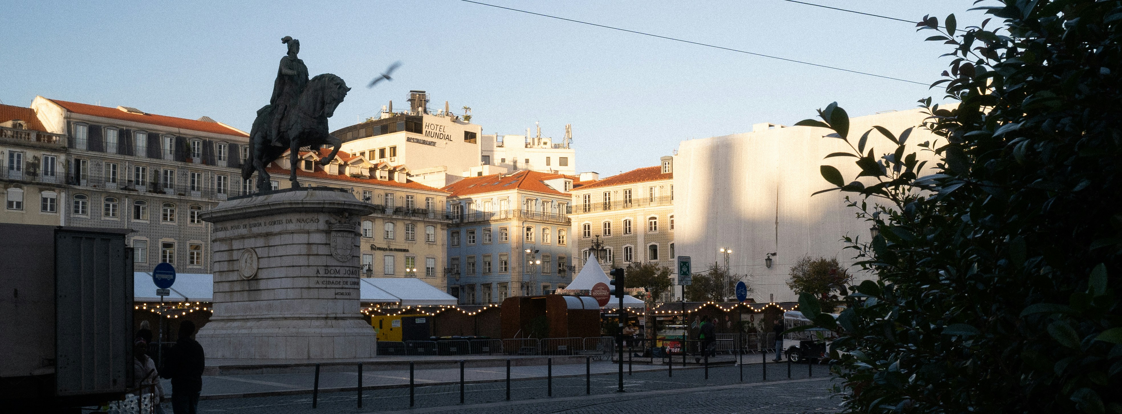 Equestrian statue in a european city square.