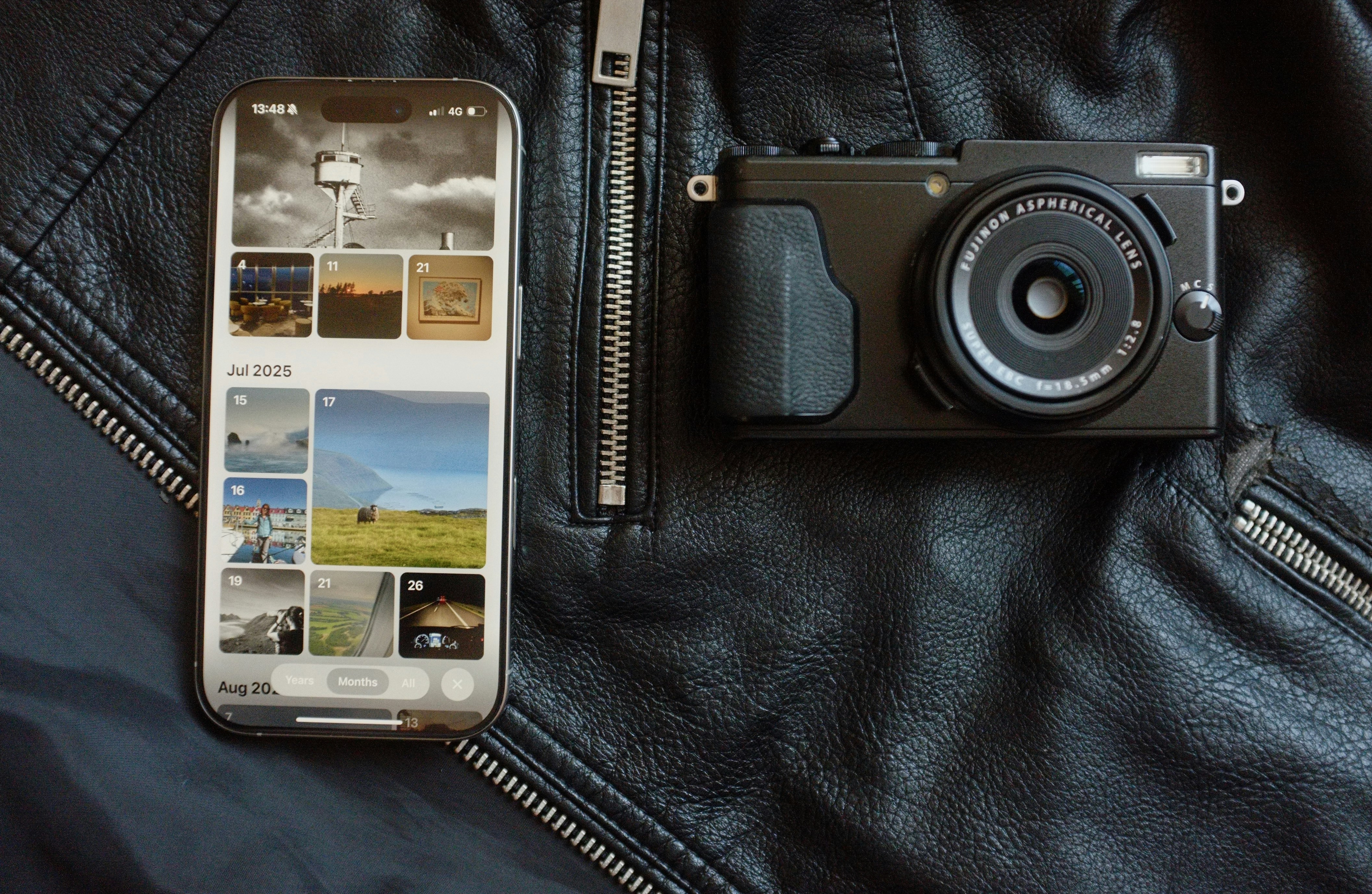 Smartphone and camera on black leather