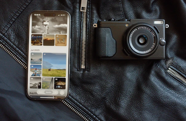 Smartphone and camera on black leather