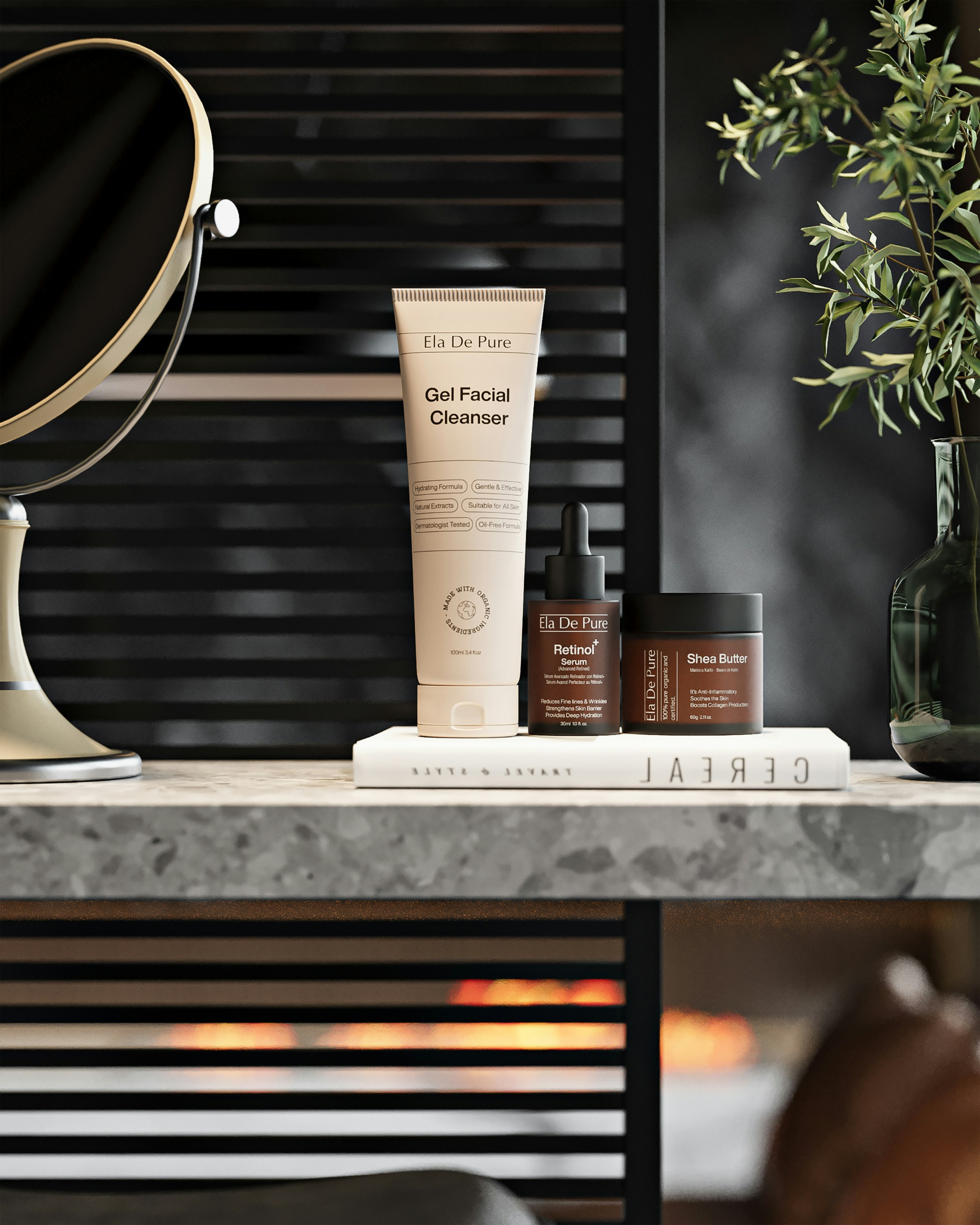 Skincare products arranged on a shelf near a mirror.