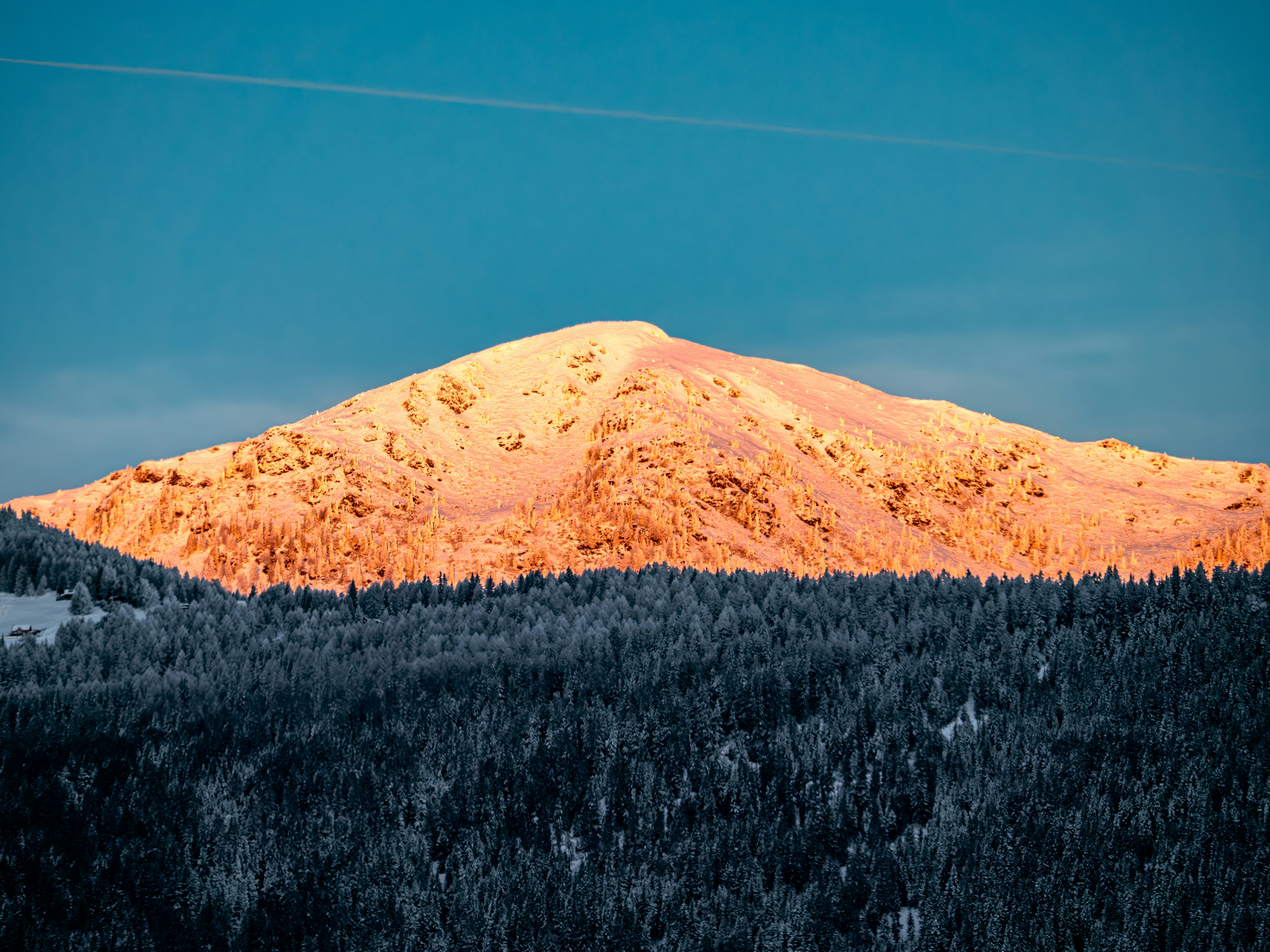Snow-covered forest below a sunlit mountain peak.