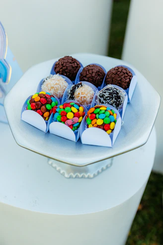 A platter of colorful candies and chocolates